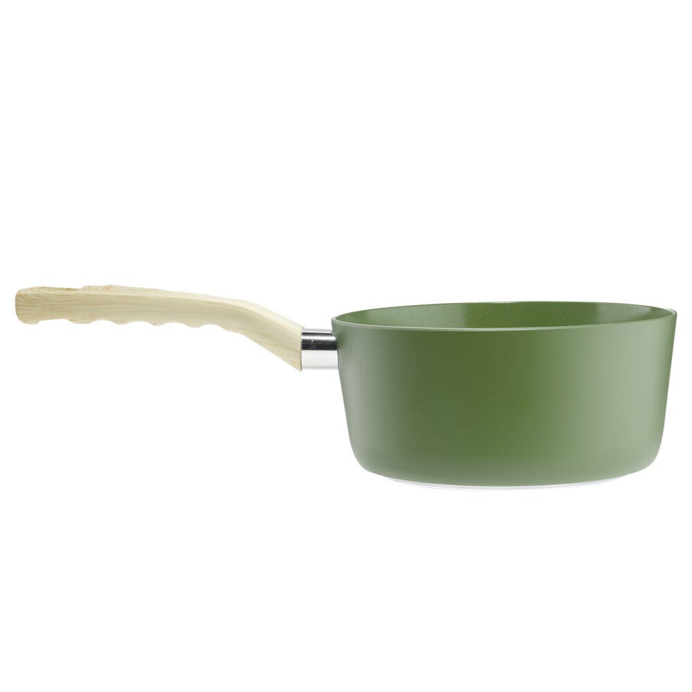 Casserole revêtement céramique vert olive poignée effet bois Ø18cm tous feux