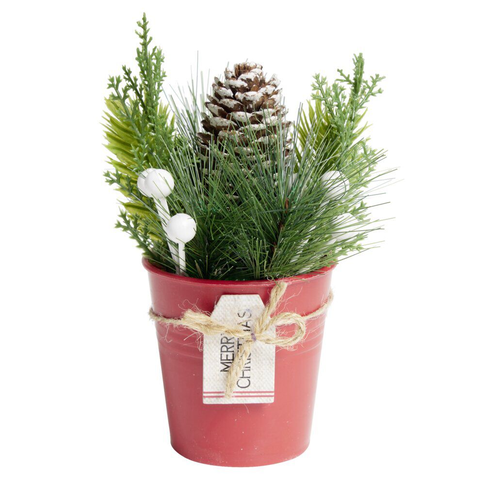 Décoration branche de pin dans pot rouge Ø8xH10cm