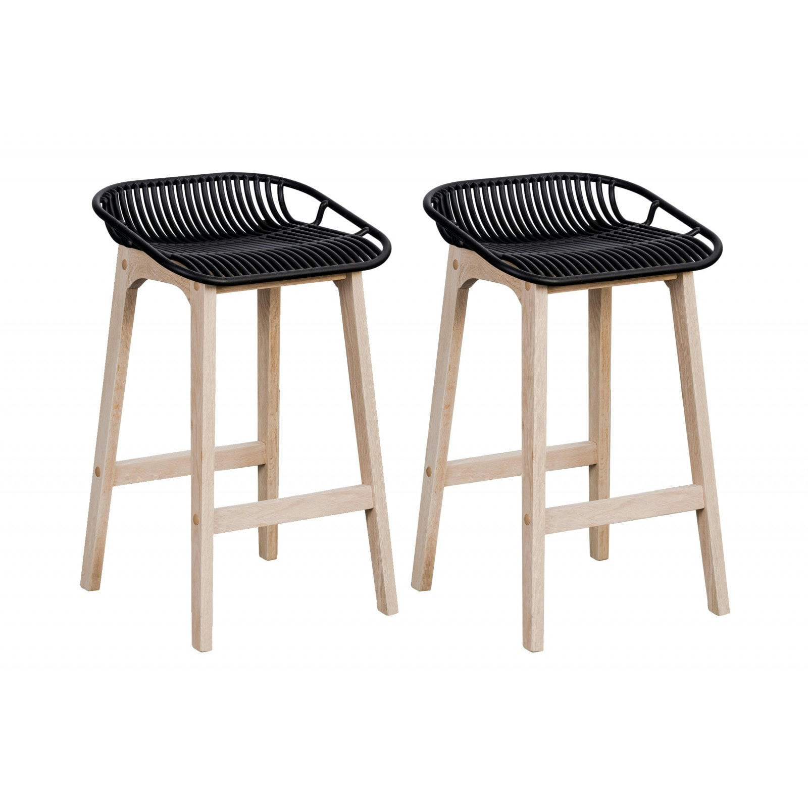 MALMO - Tabourets d'ilot 65 cm  pieds chêne assise plastique noire - Lot de 2