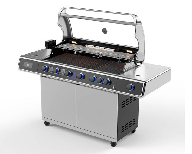 Deluxe Beefmaster T-Series 6 Burner BBQ on Deluxe Cart with Cast Iron Side Burner
