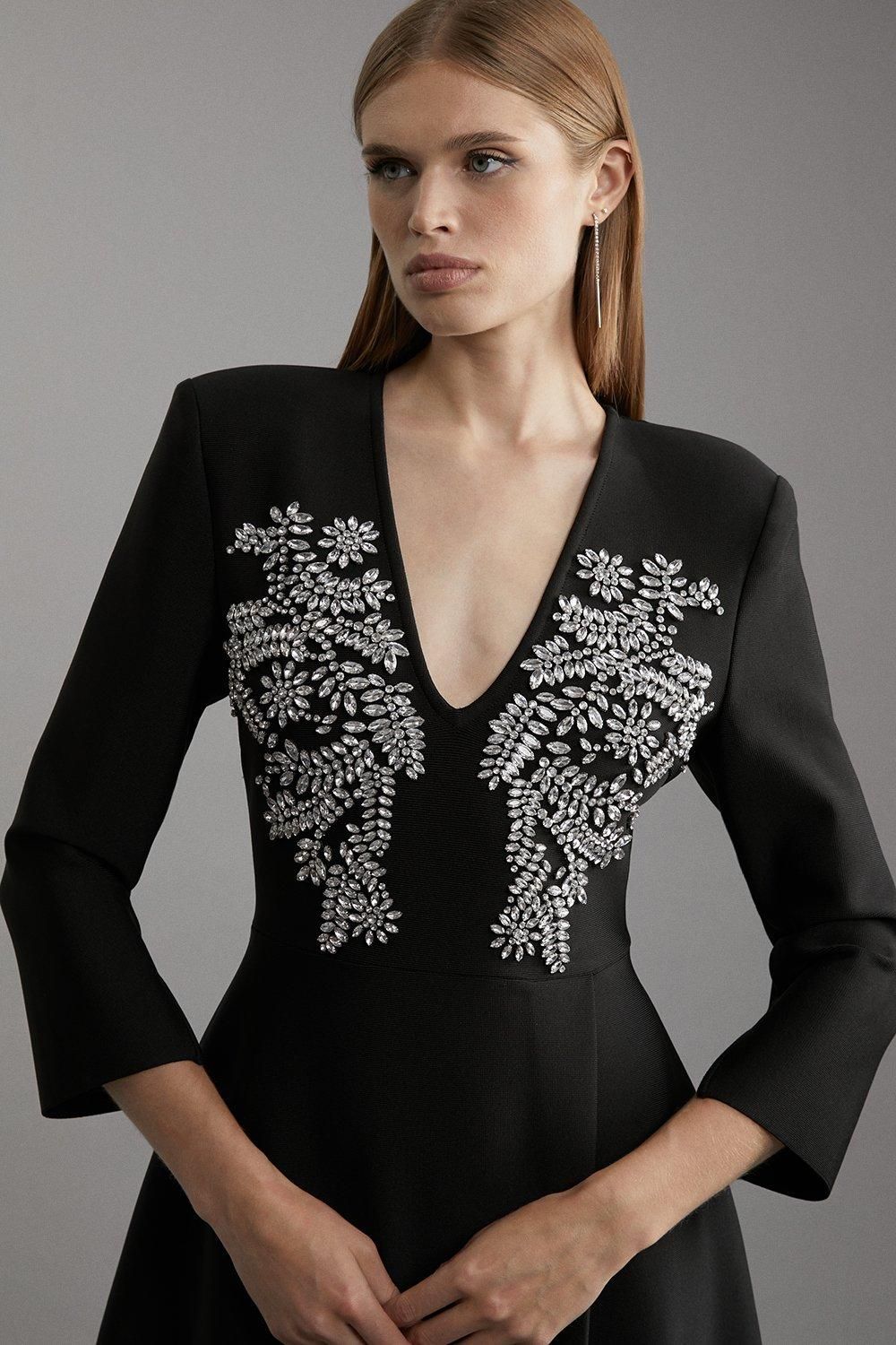 KarenMillen Bandage Form Fitting Asymmetric Embellished Knit Dress