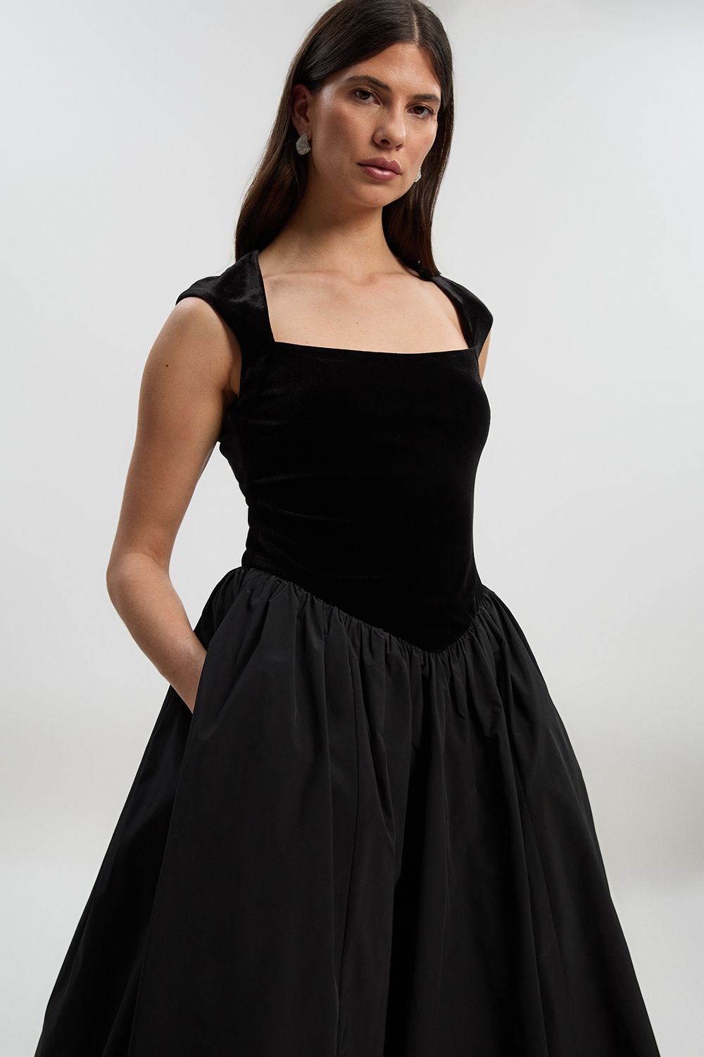 KarenMillen Velvet Bodice With Taffeta Drop Waist Maxi Dress
