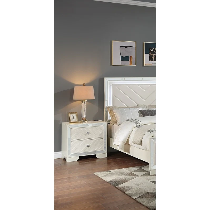 Classic Luxury Look Cream 1pc Nightstand Wooden Bedside Table 2x Drawers w Mirror Glass Panel Bedroom Furniture