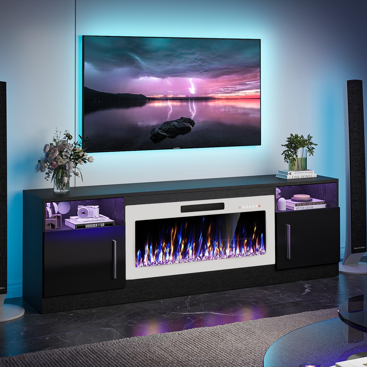 VITESSE TV Stand Fireplace with 36 inch Electric Fireplace Up to 80 TVs, LED Light Entertainment Center, 70 Modern Wood High Gloss with Highlight Storage Cabinet for Living Room (Black)