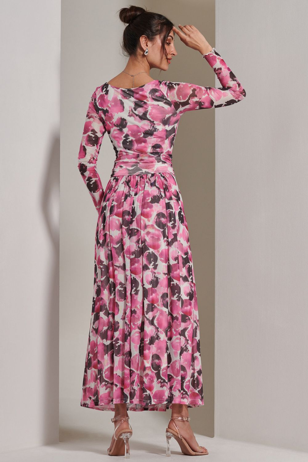 Jolie Moi Long Sleeve Printed Mesh Maxi Dress