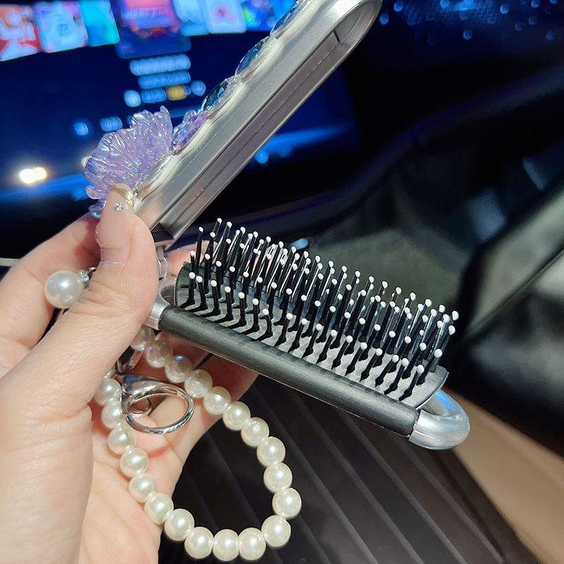 PEACH ACCESSORIES Key Charm Folding Mirror & Hair Comb with Pearls