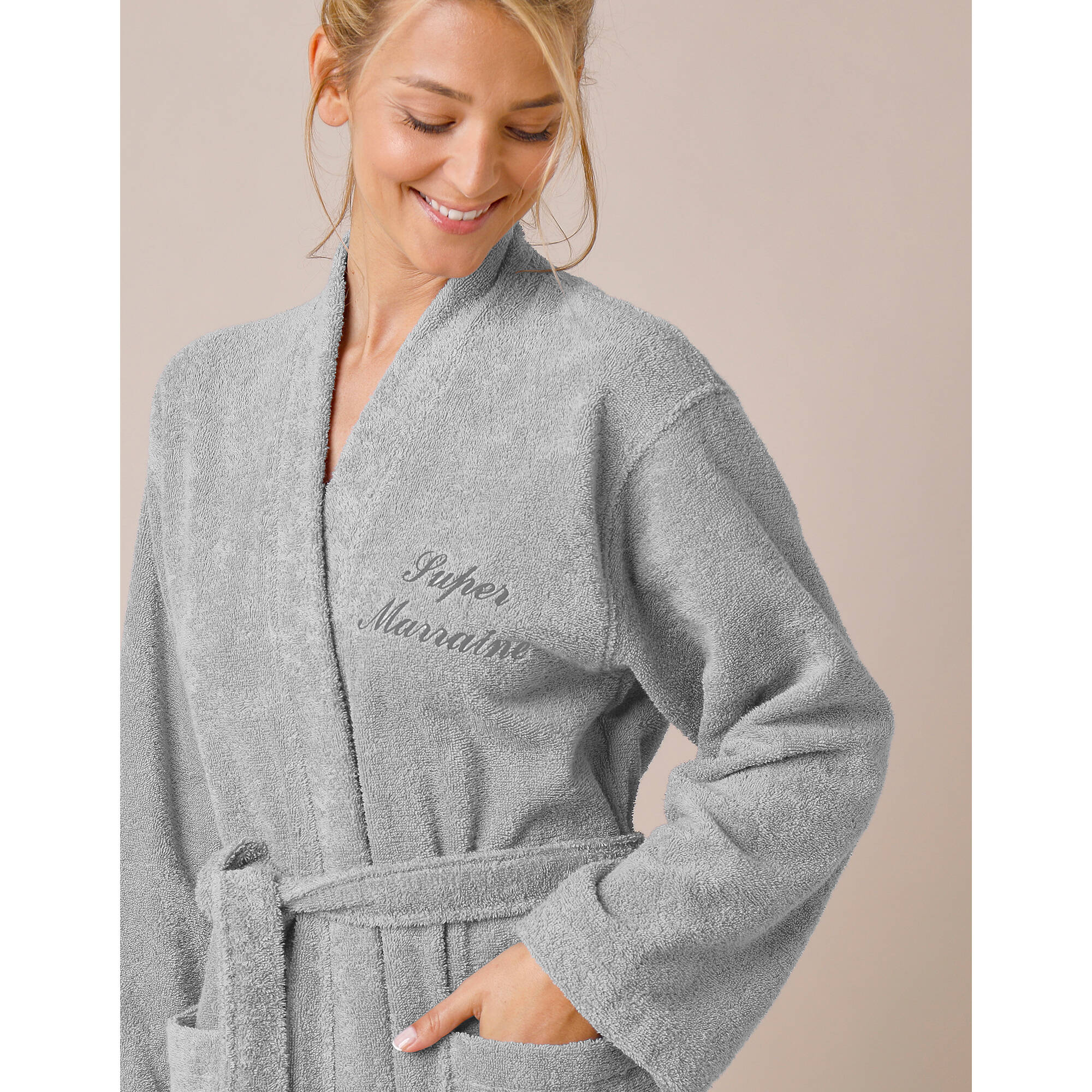 Peignoir mixte adulte uni coton éponge bouclette col kimono personnalisable