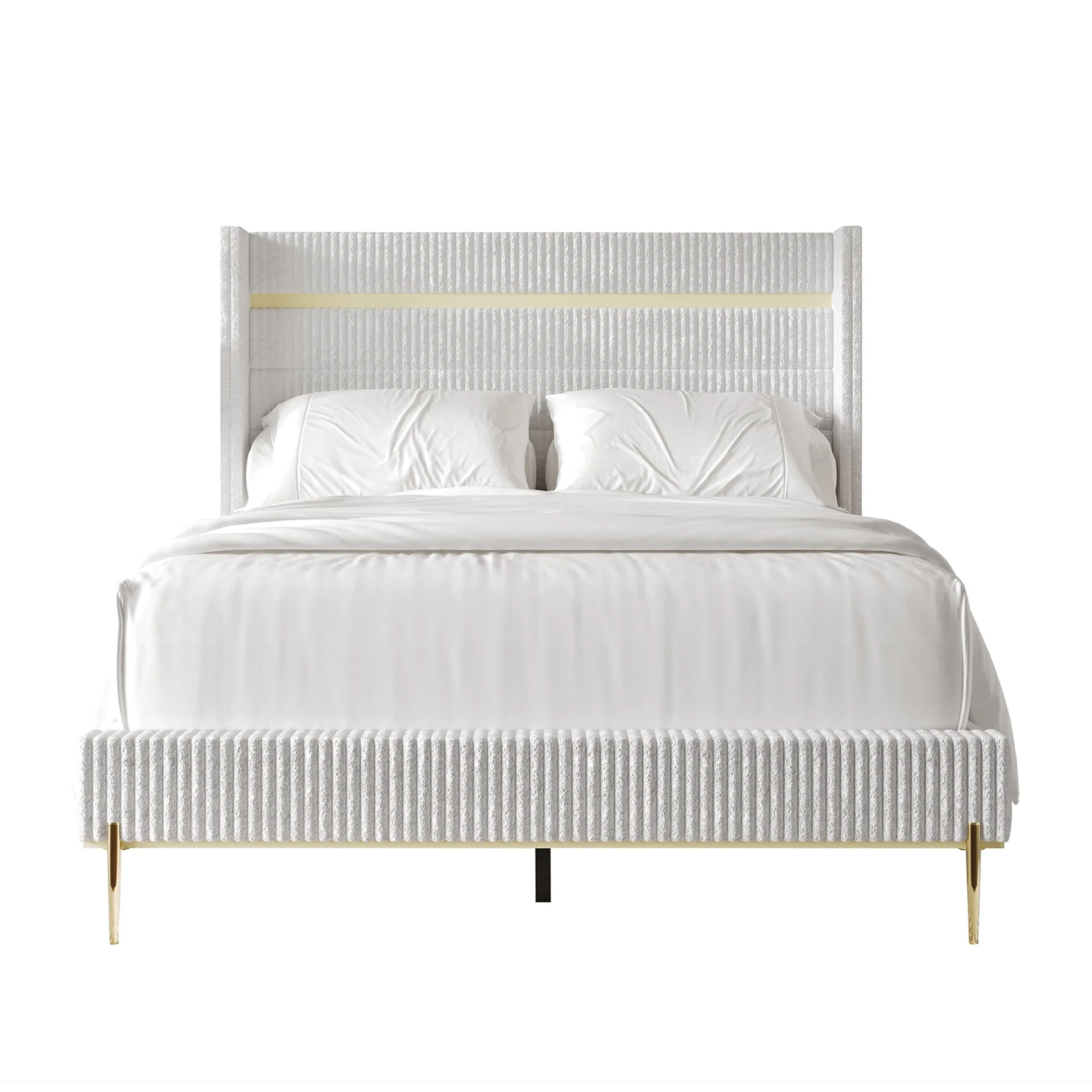 CraftPorch Corduroy 4-pieces Glam White Bed with White Furniture Bedroom Set