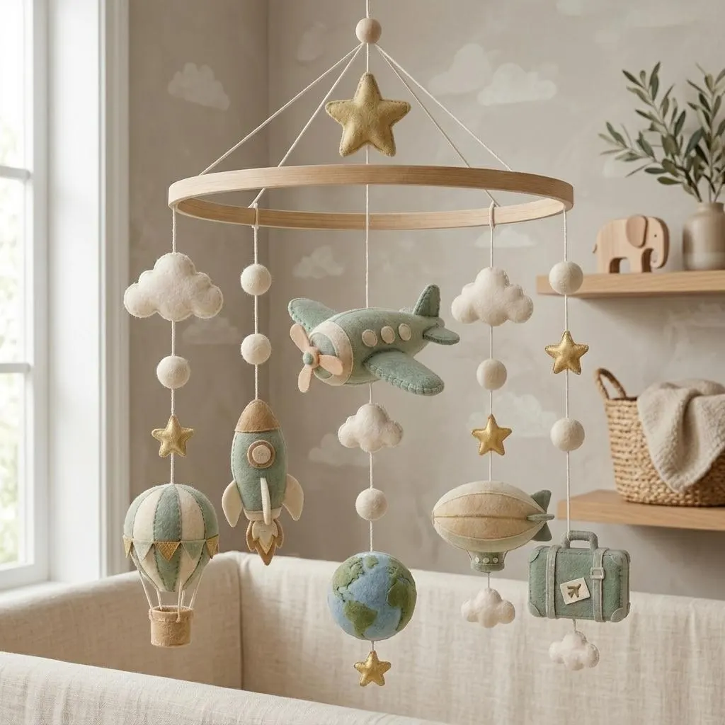 Travel Adventure Baby Mobile, Airplane Crib Mobile, Hot Air Balloon Nursery Mobile, Felt Baby Mobile, Vintage Nursery, Girl Dad, Boy Mom