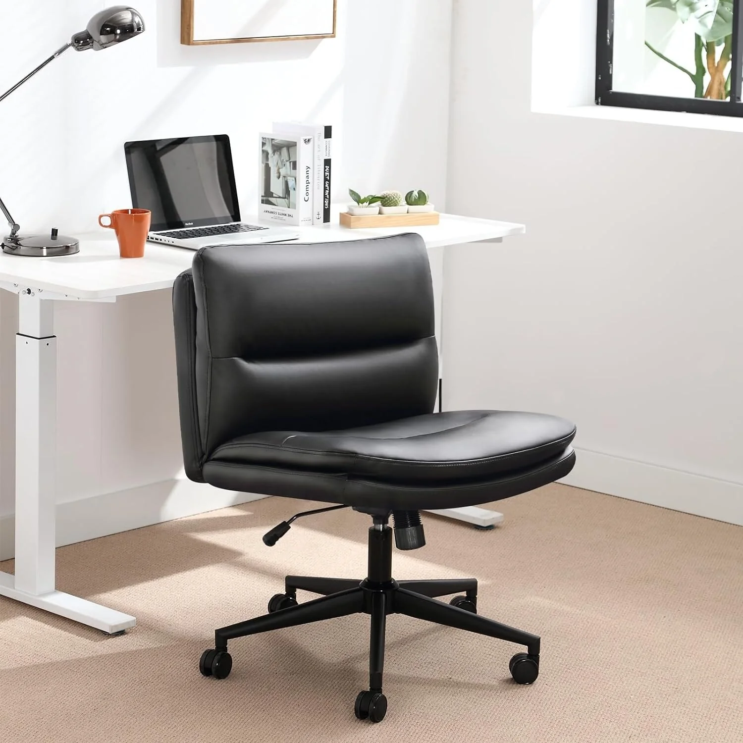 Office Chair Armless Desk Chair with Wheels, PU Padded Wide Seat Home Office Chairs, 120° Rocking Mid Back Cute Computer Chair