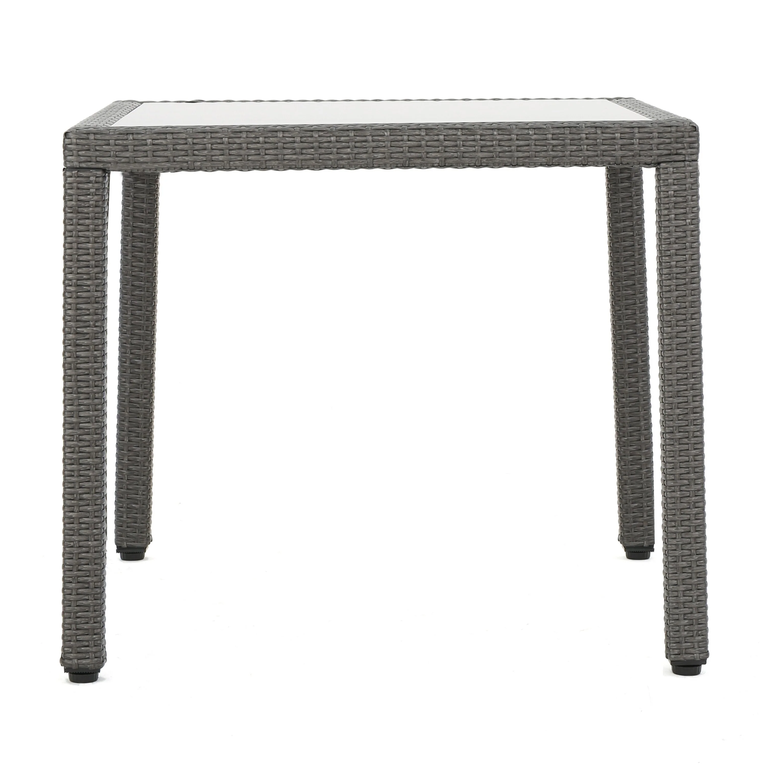 Yuzu Outdoor Dining Table, 34 Inch Square Glass Top, Gray Faux Wicker