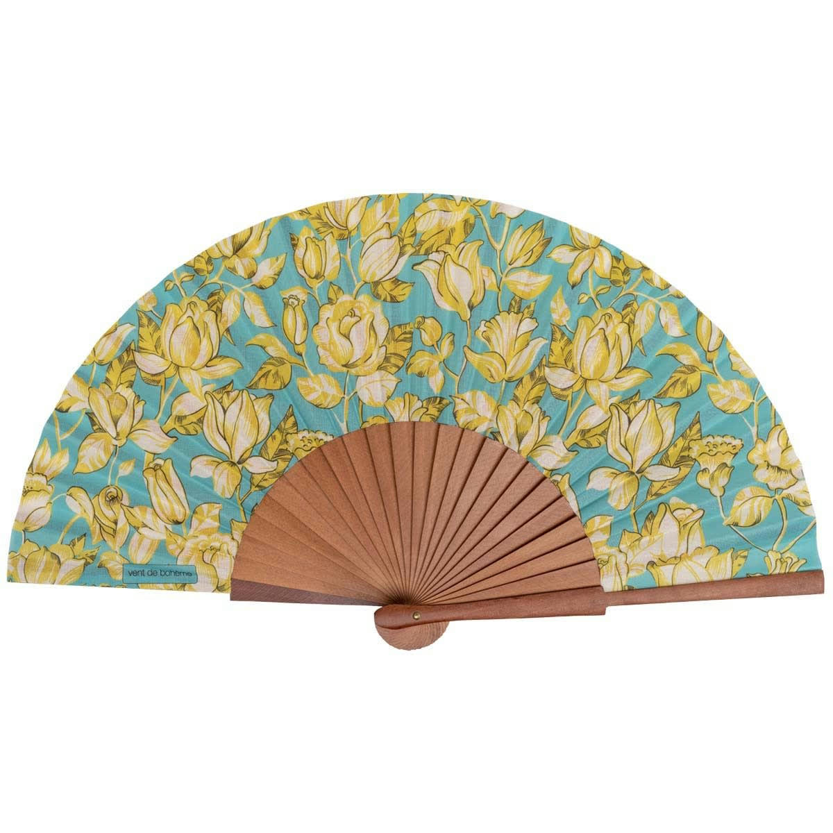 - Éventail en bois de merisier et coton motif fleuri turquoise