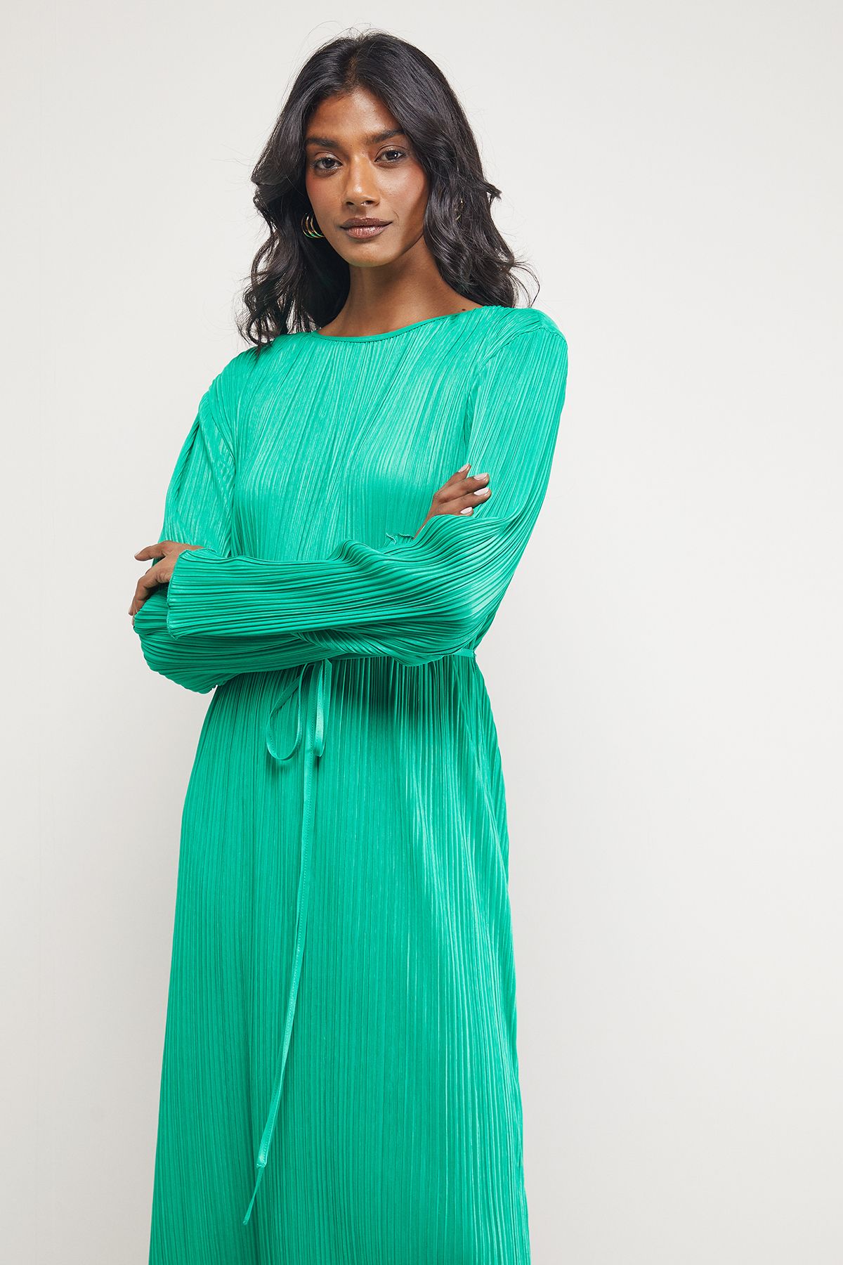Warehouse Plisse Belted Column Midi Dress