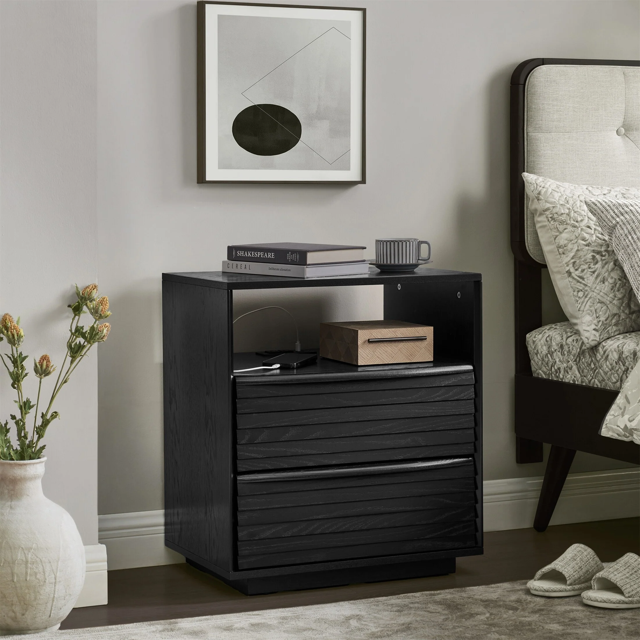 Nightstand with Charging Station and Outlet Hole and 2 Solid Wood Drawers