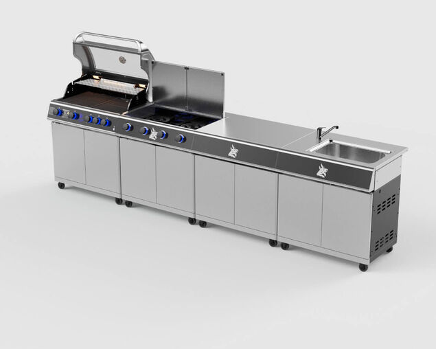 Beefmaster Deluxe 4 Burner Outdoor Kitchen with Range, Sink & Bench on Deluxe Carts