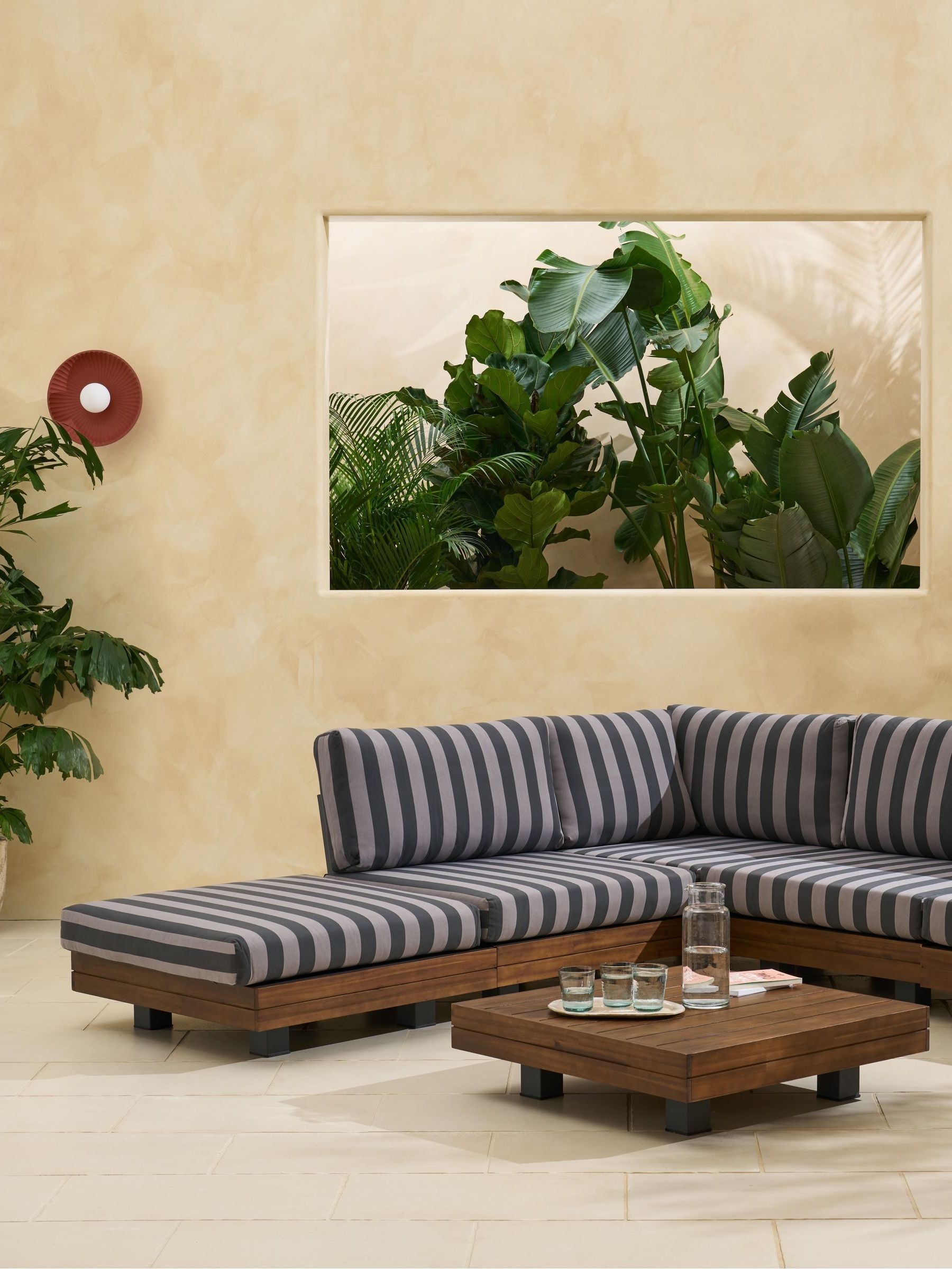 Avarna Garden Wood Corner Lounge Set in Grey Stripe