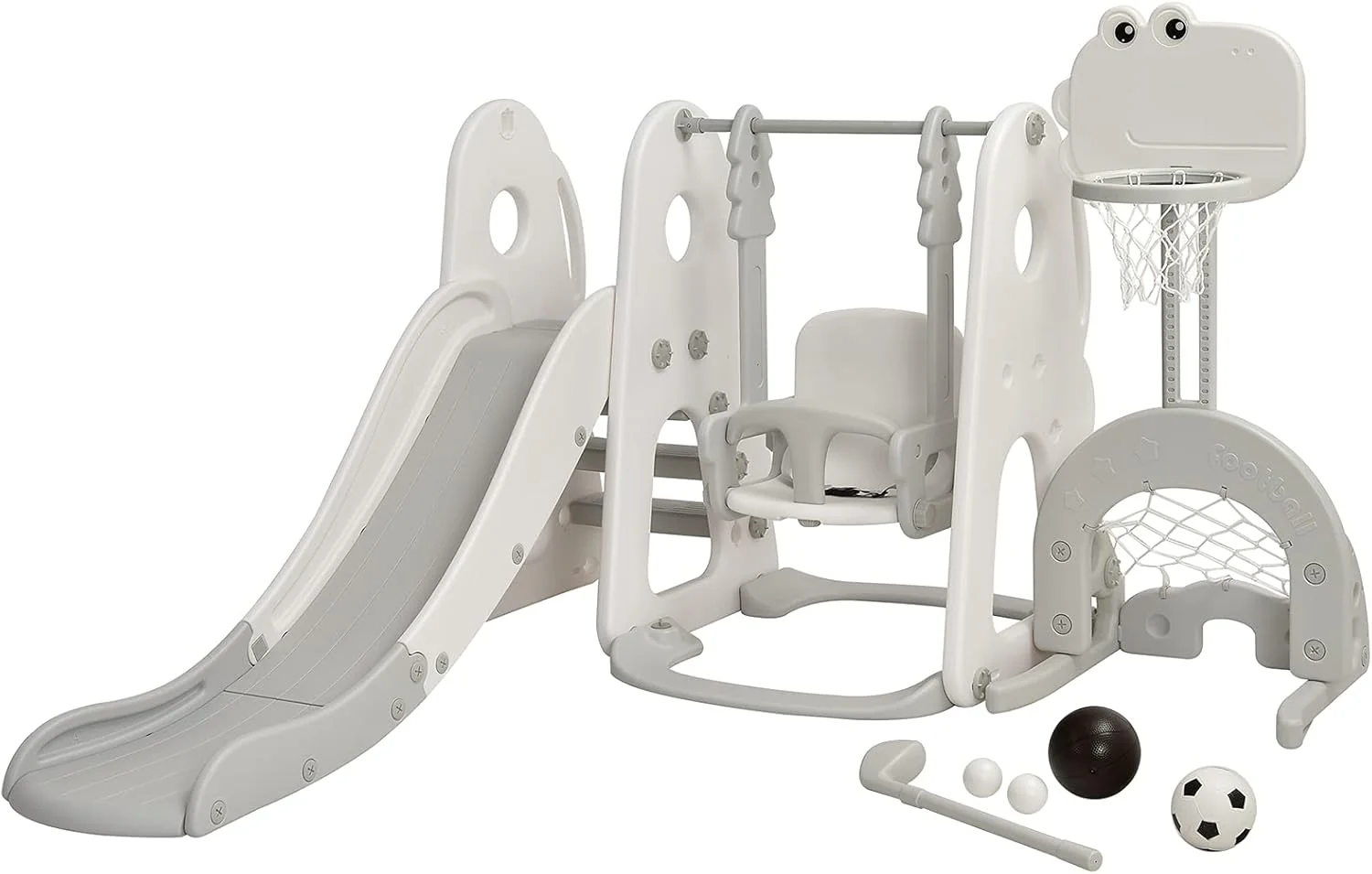 6-in-1 Kids Swing  Slide Set with Climbing Wall, Basketball Hoop, Football  Golf, Indoor/Outdoor Backyard Playground for Toddlers(6-in-1 White Dinosaur Slide  Swing Set)