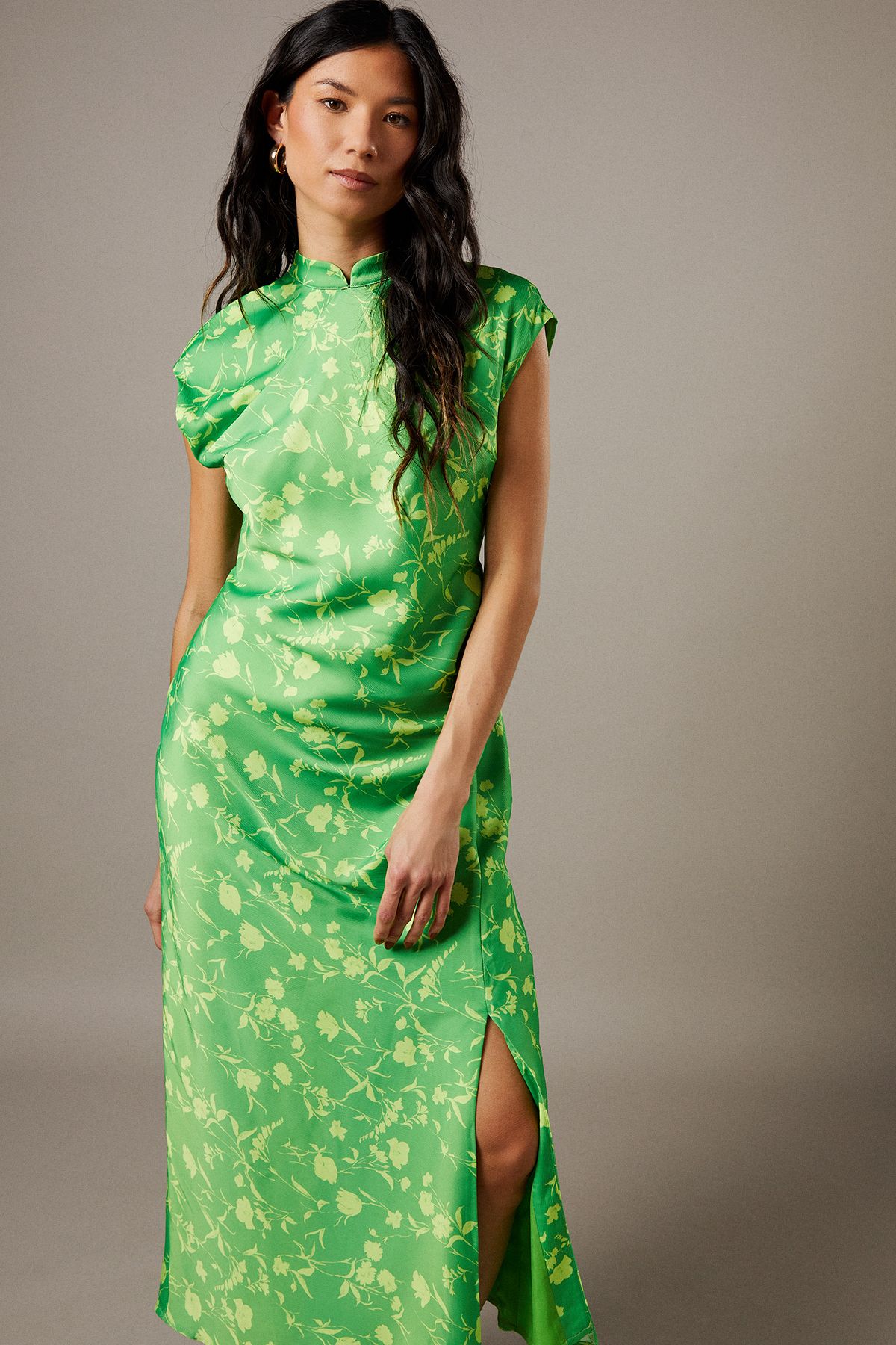 Warehouse Crinkle Satin Button Side Midi Dress
