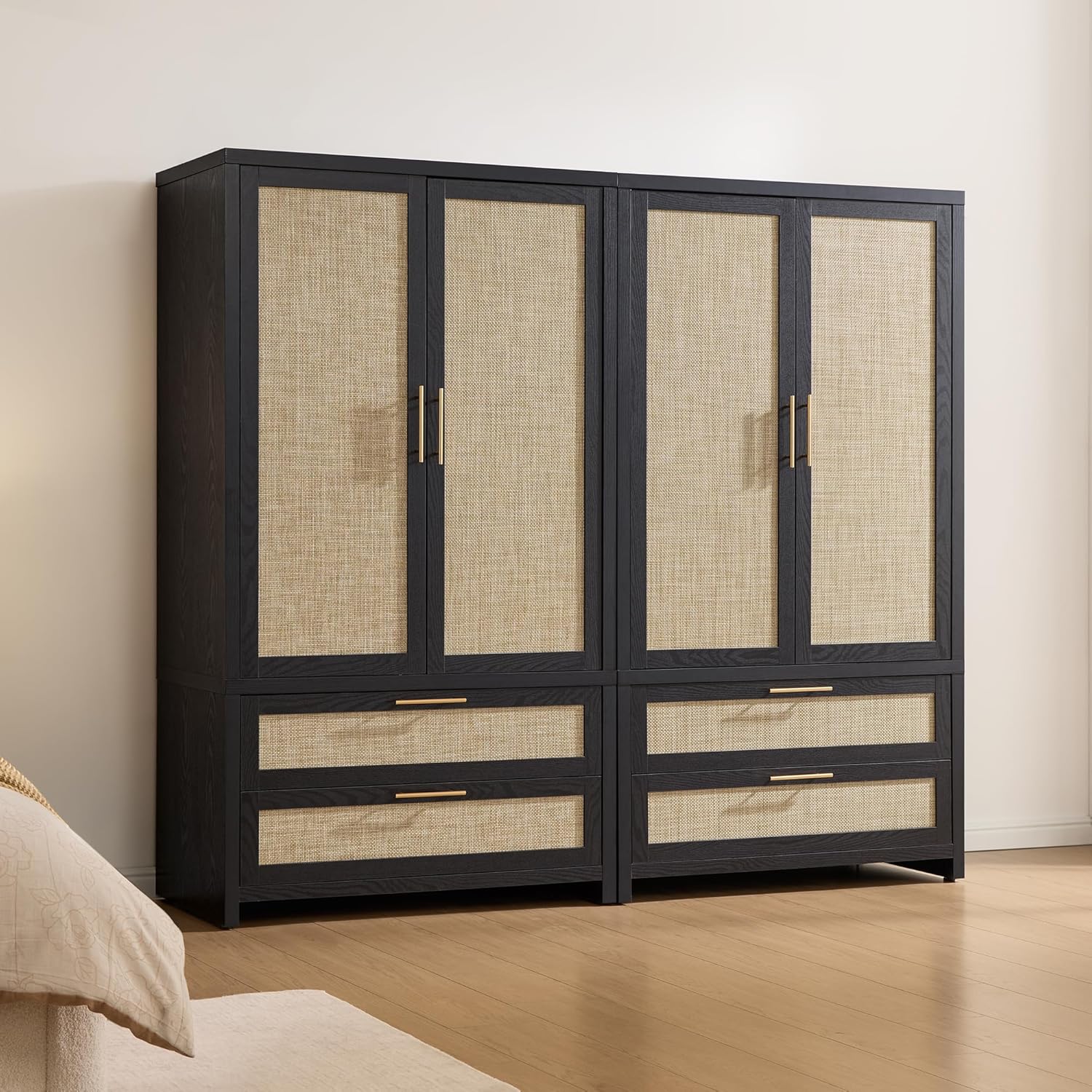 SICOTAS Larger Armoire Wardrobe Closet, 71 Tall Rattan Wardrobe Closet Cabinet with Storage and 2 Drawers, Boho Armoire Clothes Organizer with Hanging Rod for Bedroom, Black Oak (2 PCS)