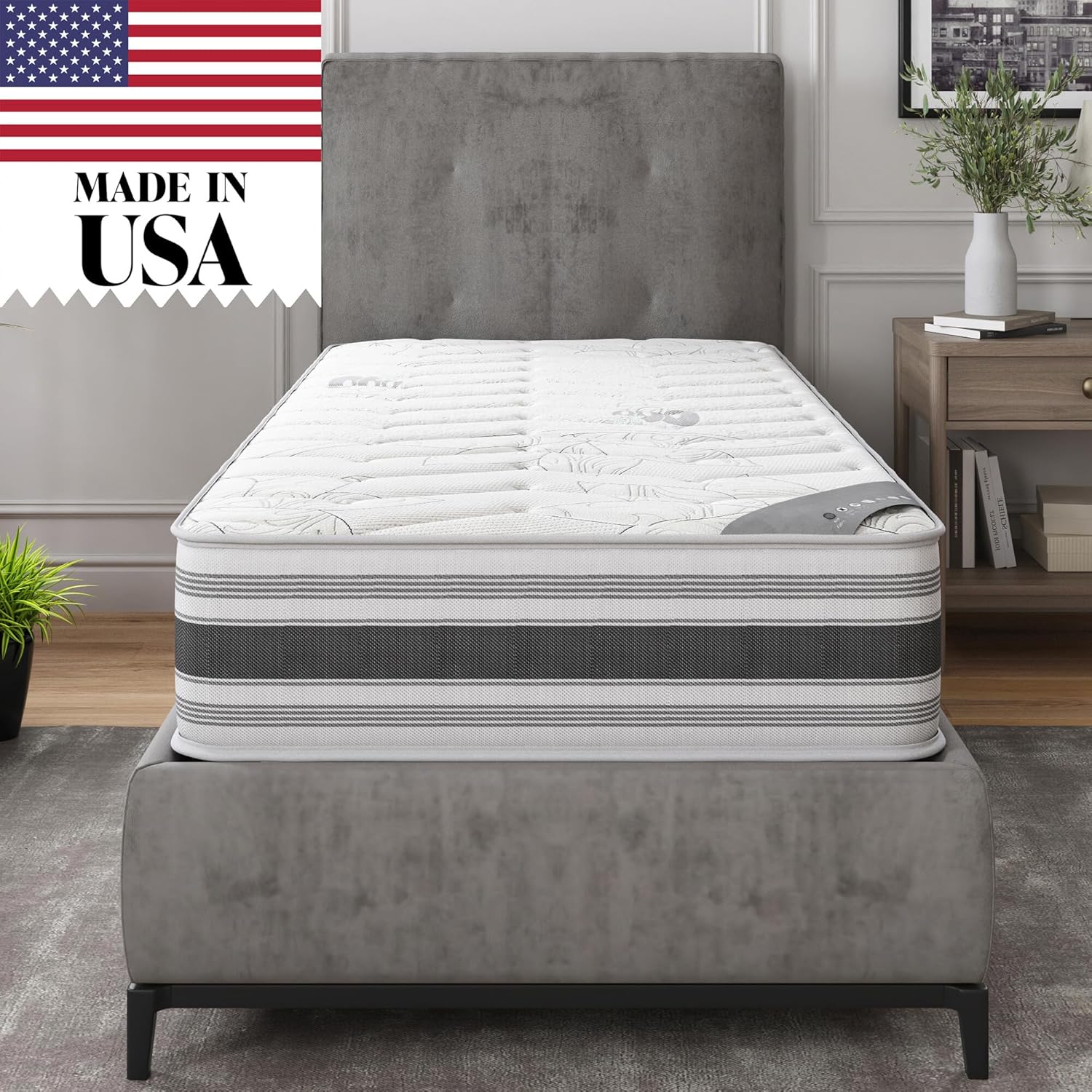 Ottomanson 12 Twin XL Plush Hybrid Mattress, Meditation Antistatic Quilted Cover, Comfort & Pressure Relief, Made in USA, Individually Pocketed Coils, CertiPUR-US® Foam, Fiberglass-Free, Bed in a Box