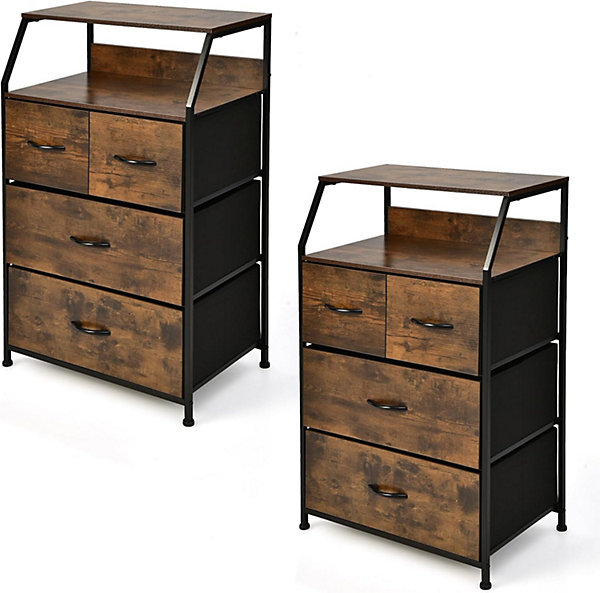 Commode 4 Tiroirs avec 2 étagères-Tour de Rangement avec Cadre en Métal-Tiroirs en Tissu-Dispositif Anti-basculement-Brun