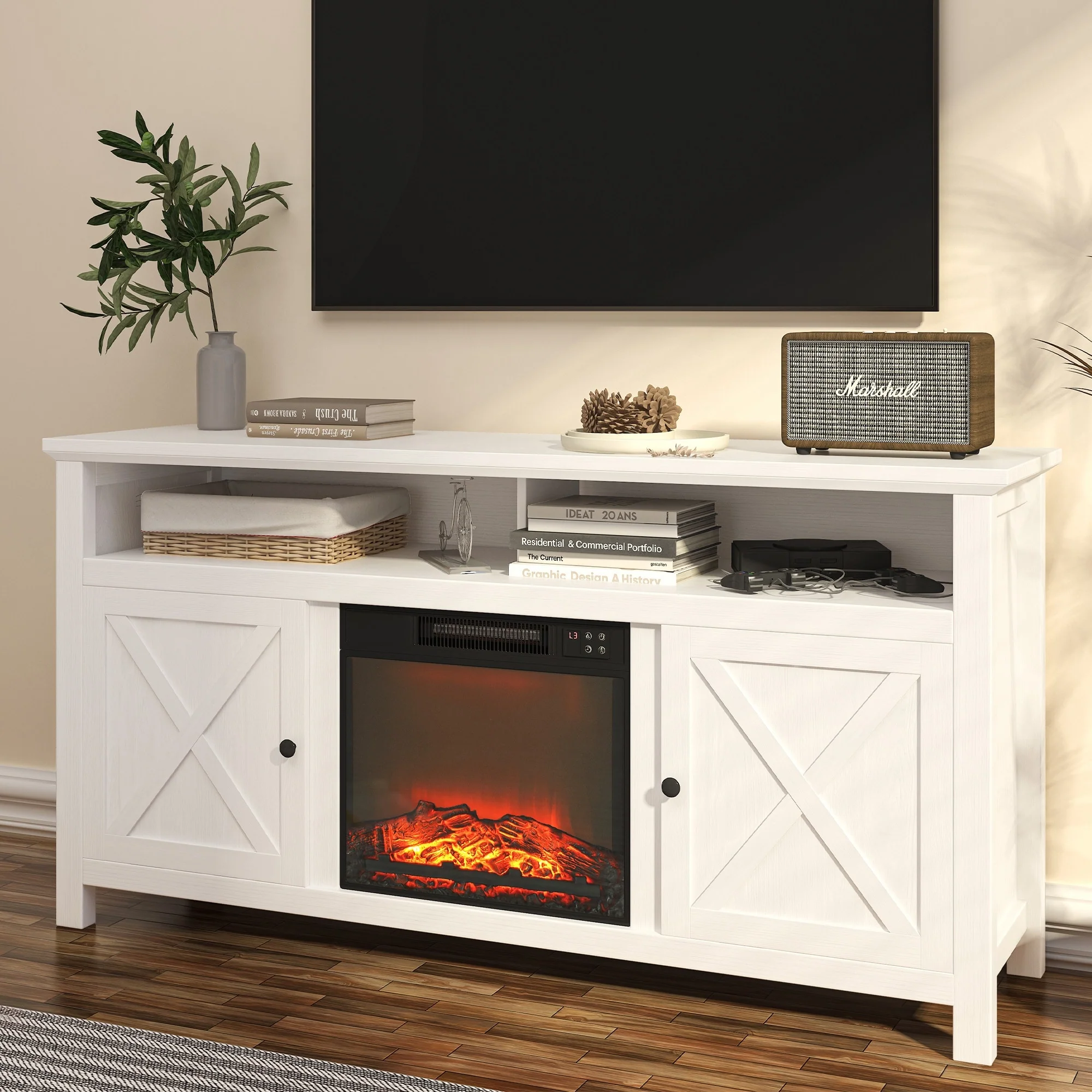 Clihome 58 Wood Fireplace TV Stand with 18 Electric Fireplace