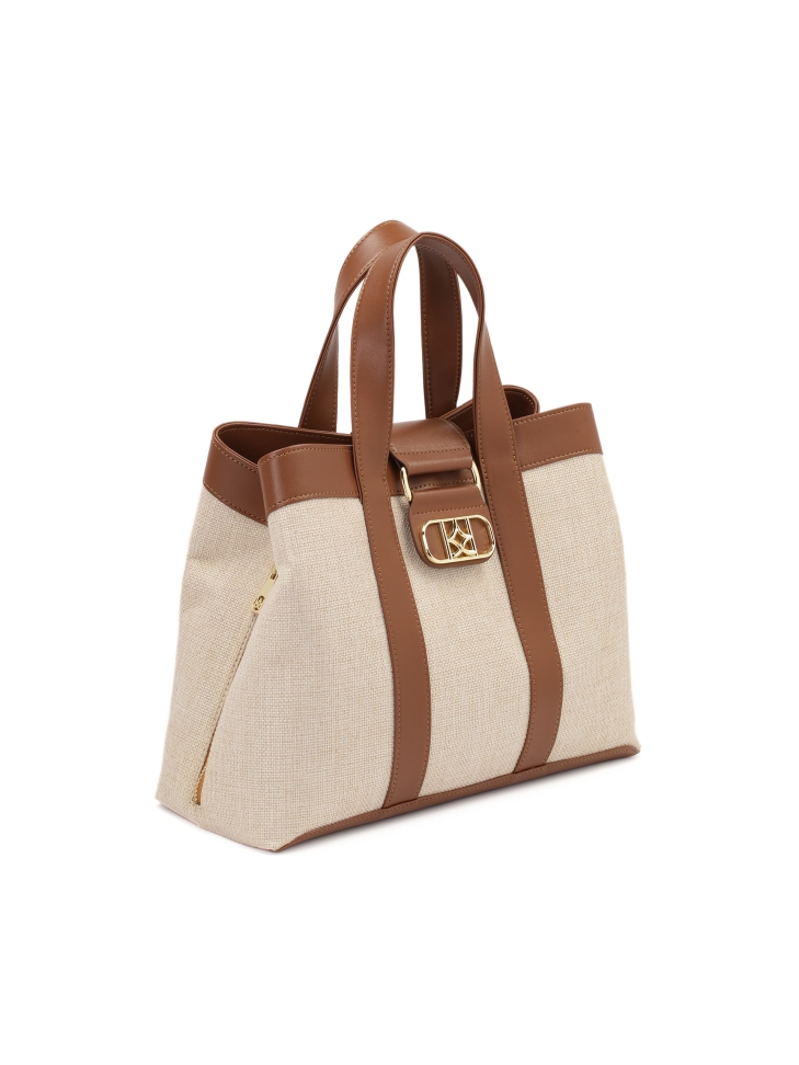 Brown and beige fabric and leather handbag
