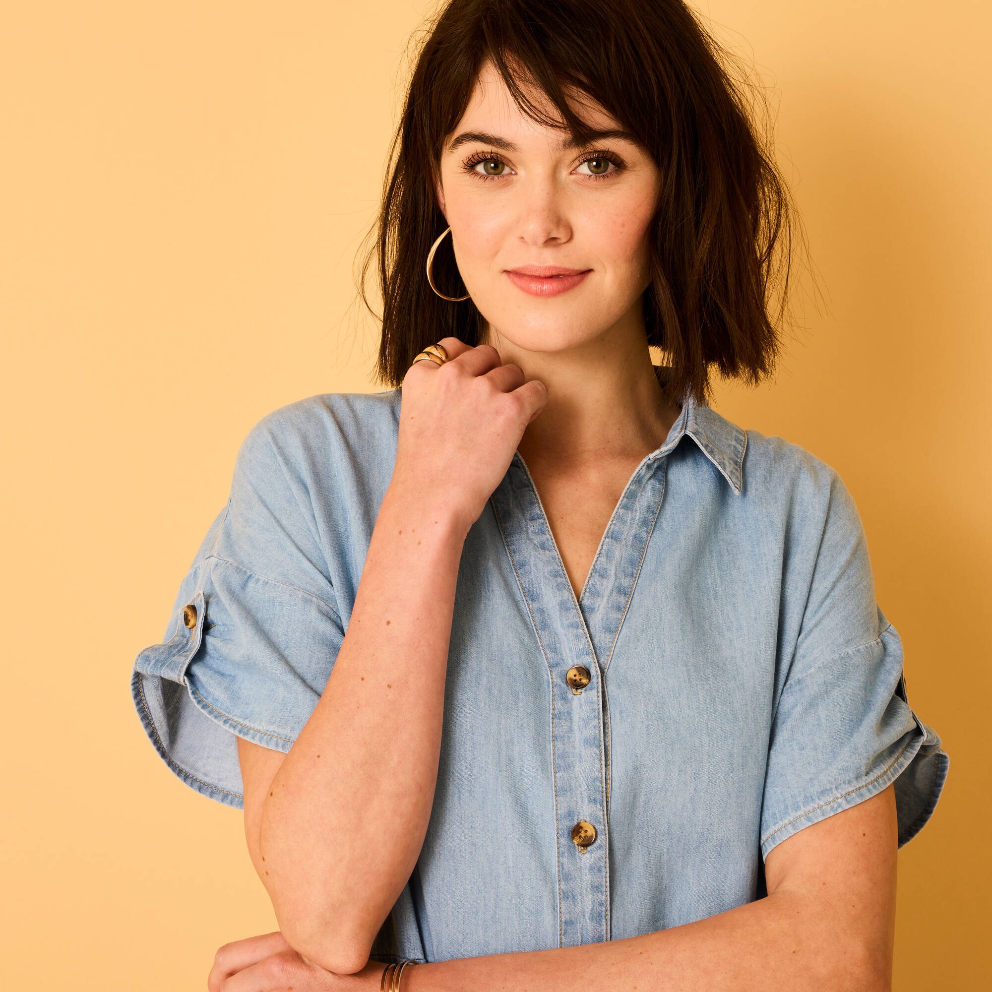Robe-chemisier longue en jean, manches courtes