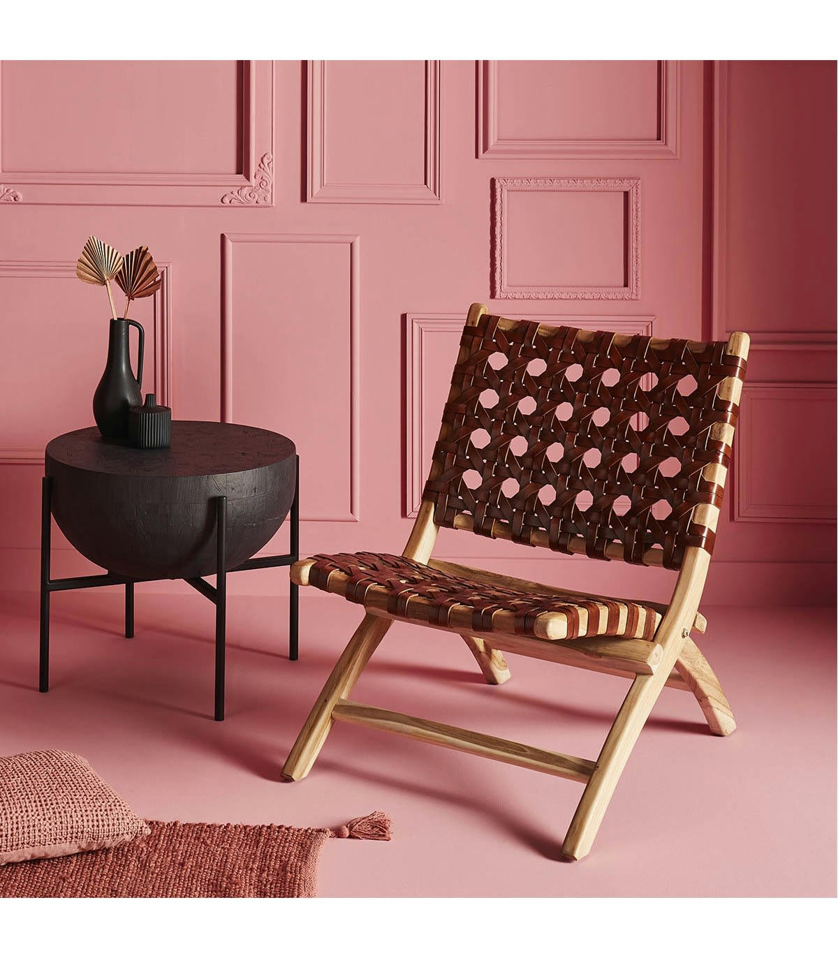 GARDIAN - Fauteuil Pliable en Teck et Assise en Cuir Tressé