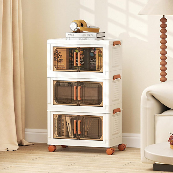 Boîtes de Rangement en Plastique, 57L avec Couvercles, Roues , Portes Avant, Poignées , pour Maison, Bureau (43.5(L),3 Niveaux)