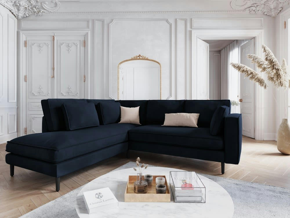 ALEXIS - Canapé d'angle 5 places en velours bleu foncé