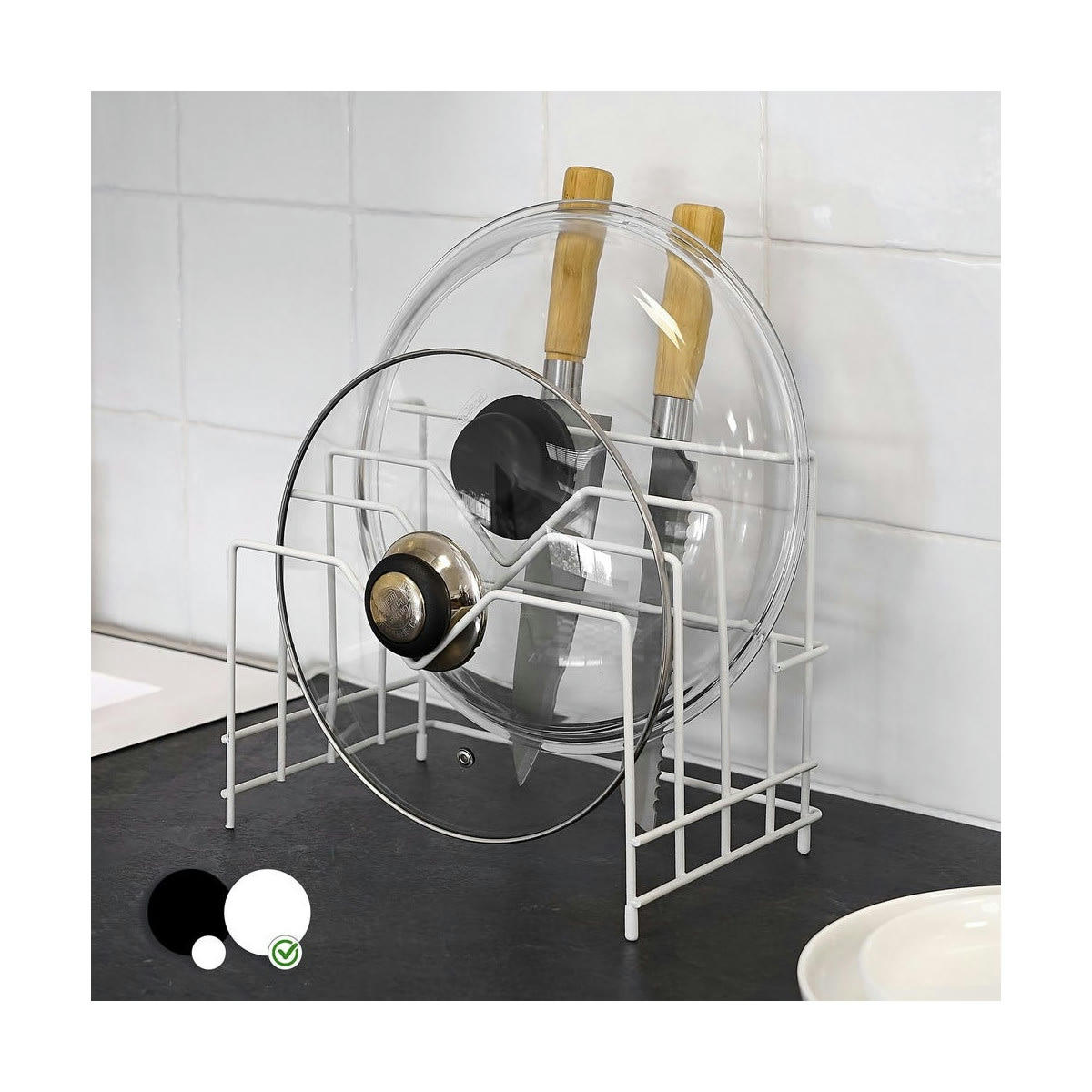 MÉTAL - Organisateur cuisine métal blanc couvercles et poêles