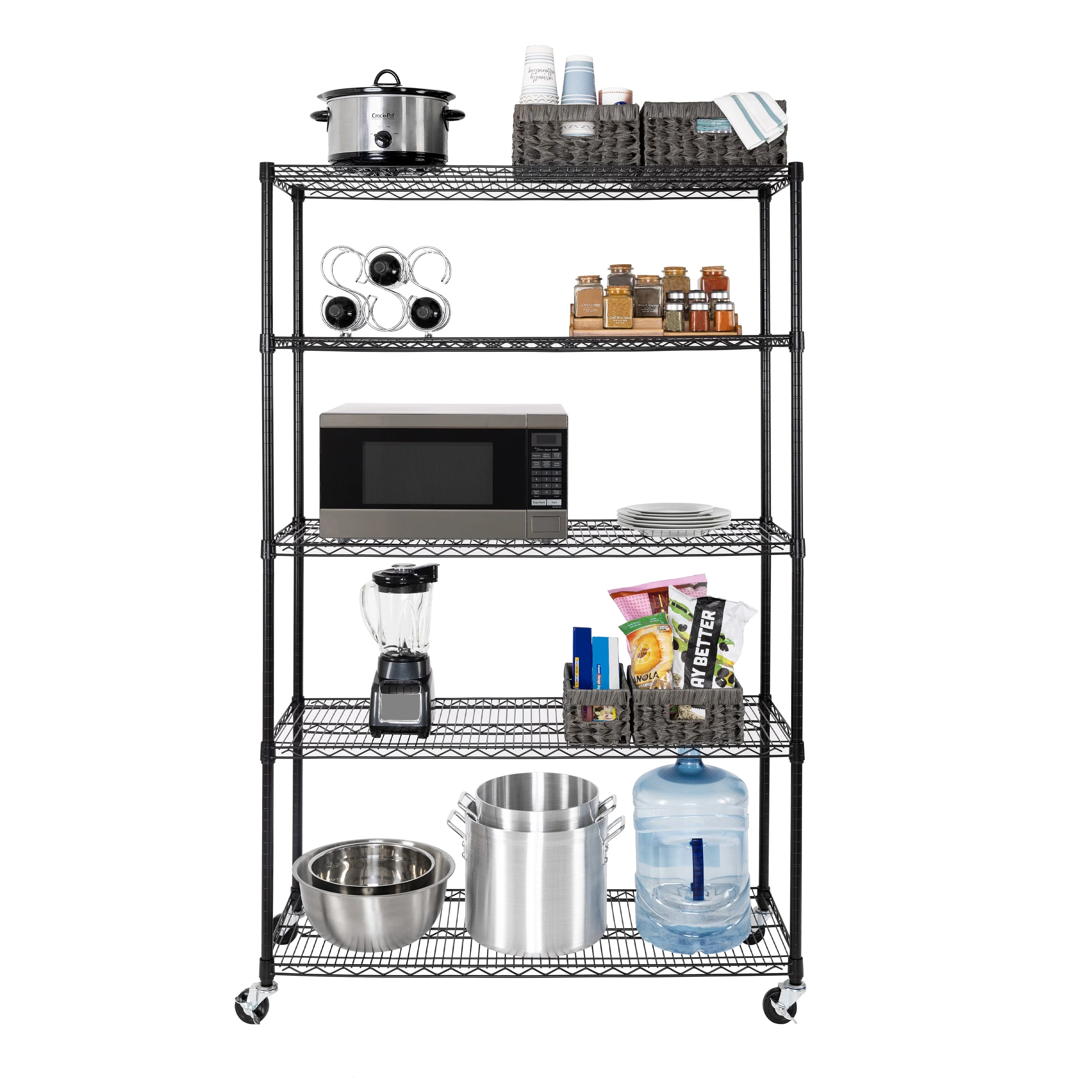 UltraDurable 5-Tier Adjustable Steel Wire Shelving with Wheels, 48 W x 18 D x 72 H, Black