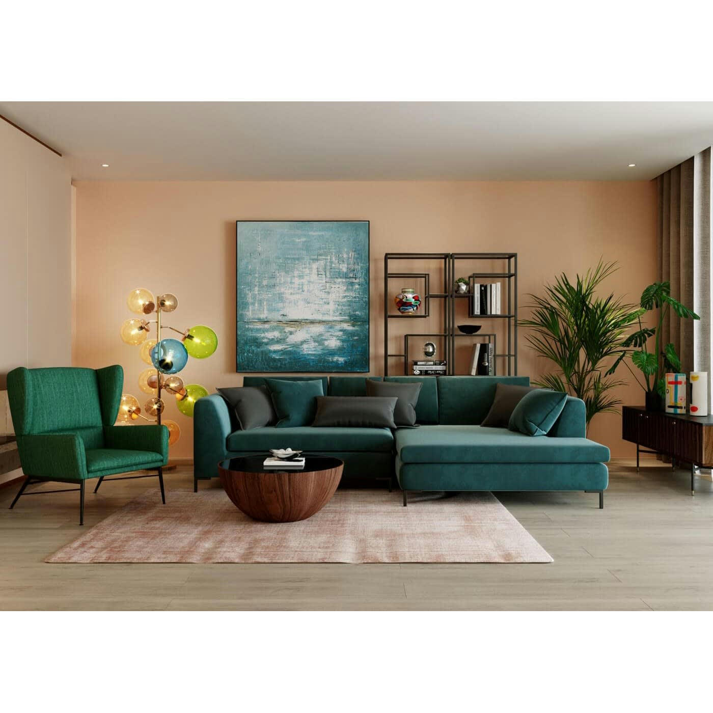 GIANNA - Canapé d'angle droit 4 places en velours bleu-vert