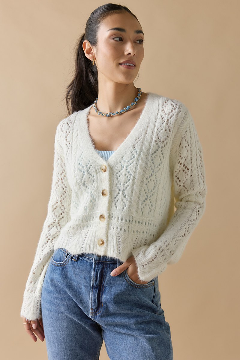 Wanda Pointelle Button Down Cardigan Ivory