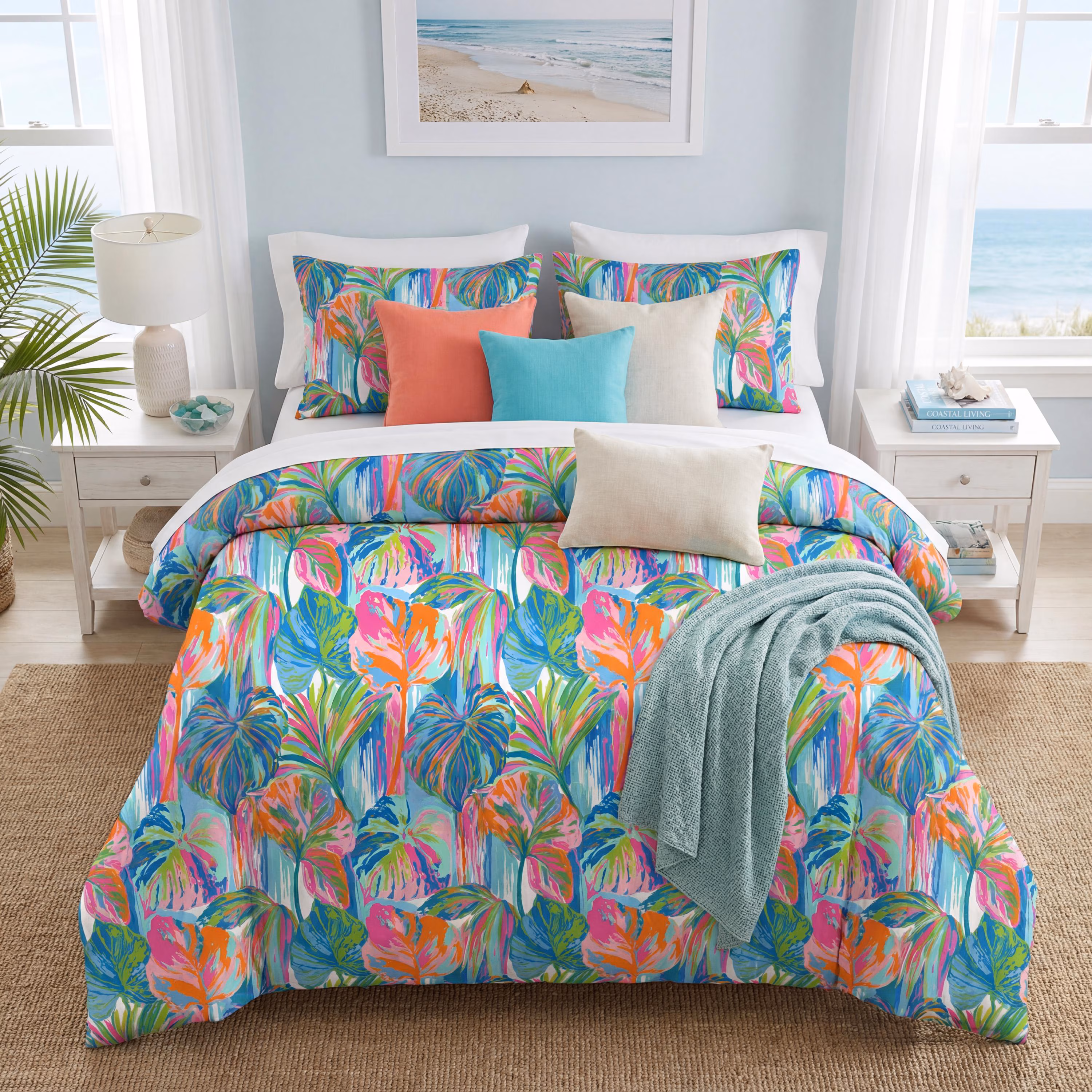 Palm Beach Cotton Duvet Cover Set, Tropical Watercolor Bedding, Floral Cotton Duvet Cover, Beach House Bedroom,Queen King, AirBnb Decor