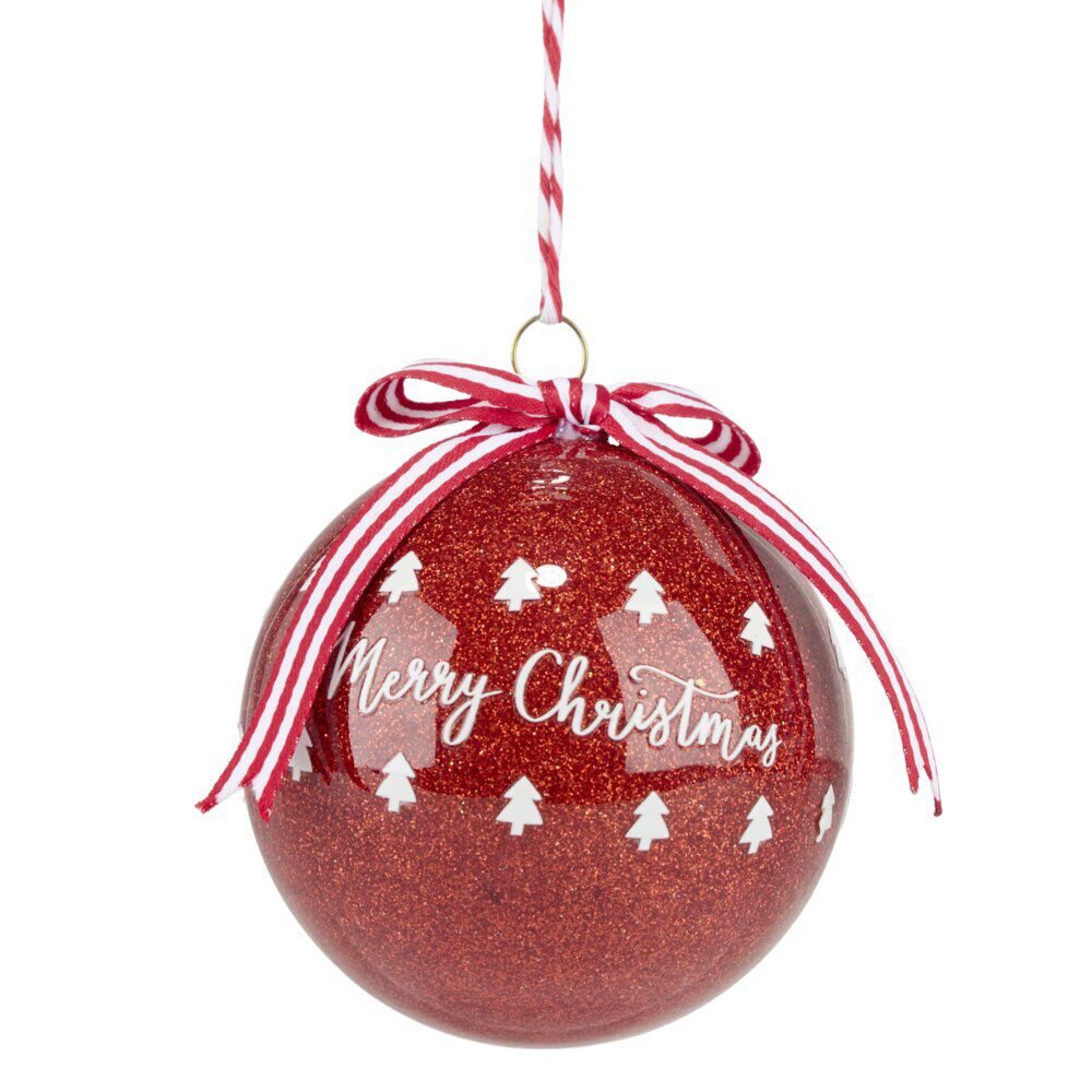 Boule de No&euml;l Merry Christmas avec noeud Ø8cm (2 modèles)
