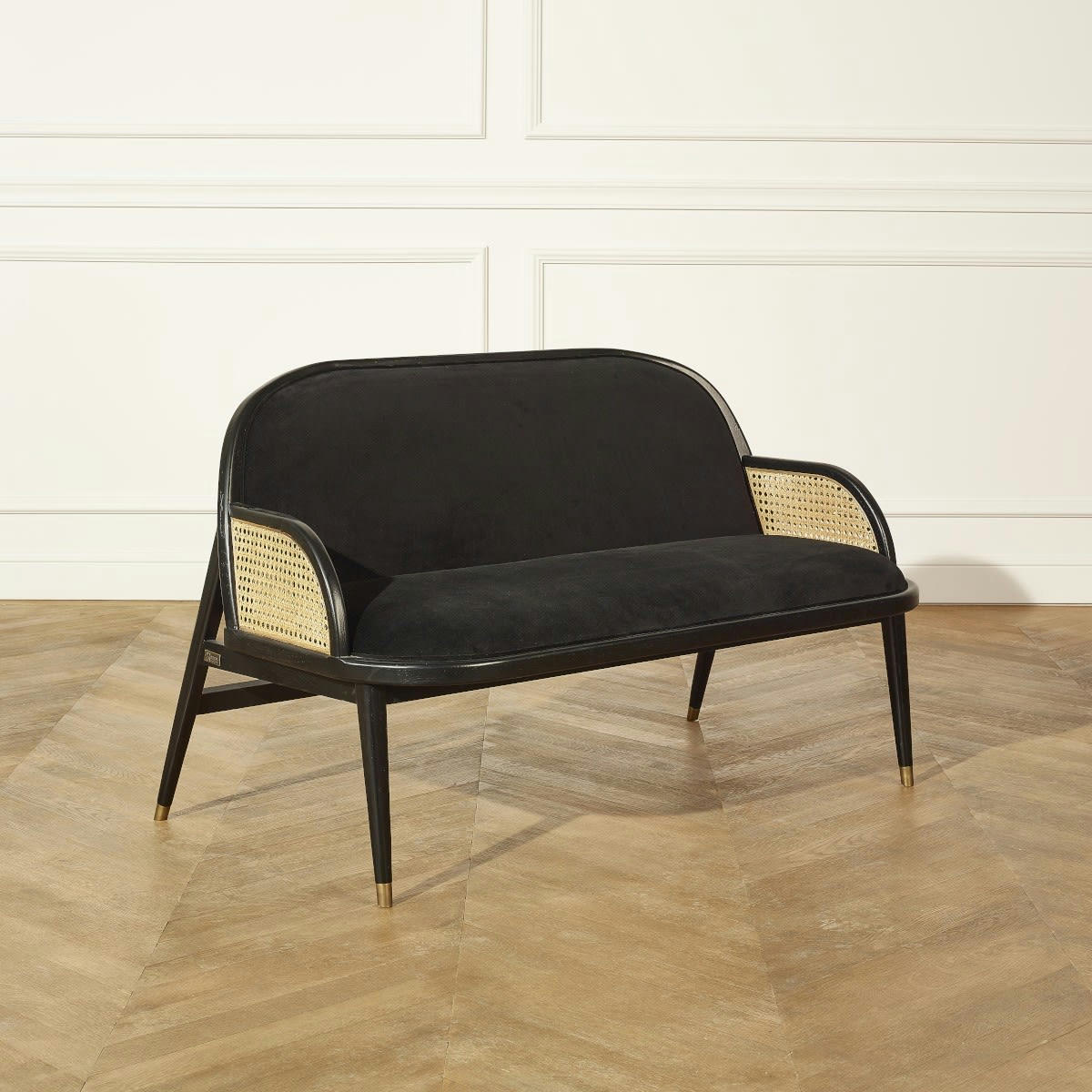 MARCEL - Banquette design chêne cannage et velours 2 places noir