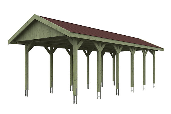 Carport SKAN HOLZ Wallgau 380 x 900 cm, imprégné vert, avec bardeaux rouge