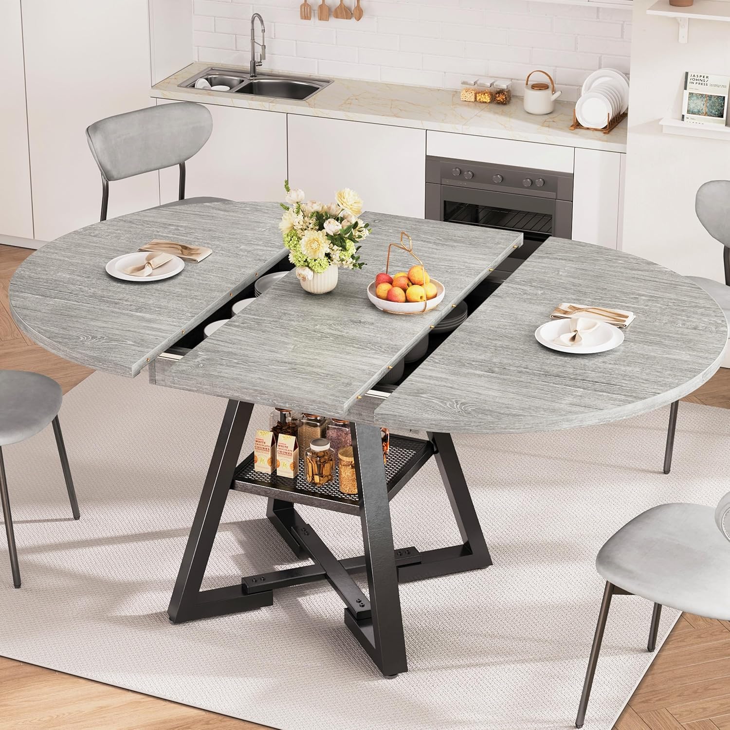 43‘’-57‘’ Extendable Round Dining Table for 4-6, Modern Industrial Kitchen Oval Dining Table with Removable Leaves, Space Saving Pedestal Base with Storage Shelf for Kitchen Living Room (Grey)