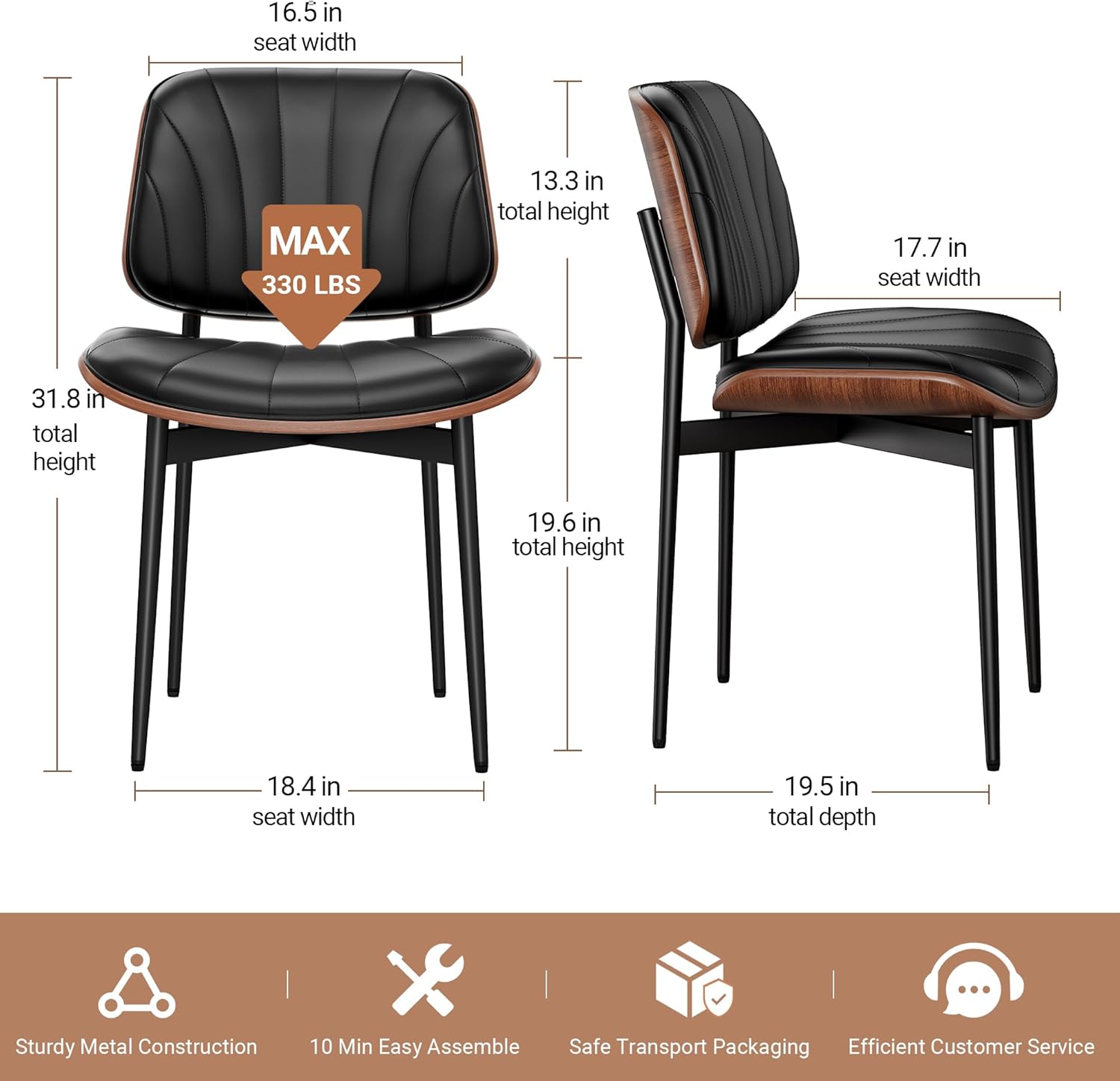 Dining Chairs Set of 4, Mid-Century Modern Upholstered PU Leather Chairs with Walnut Bentwood Back and Metal Legs Adjustable Feet for Kitchen Dining Room, Black Shell Strips
