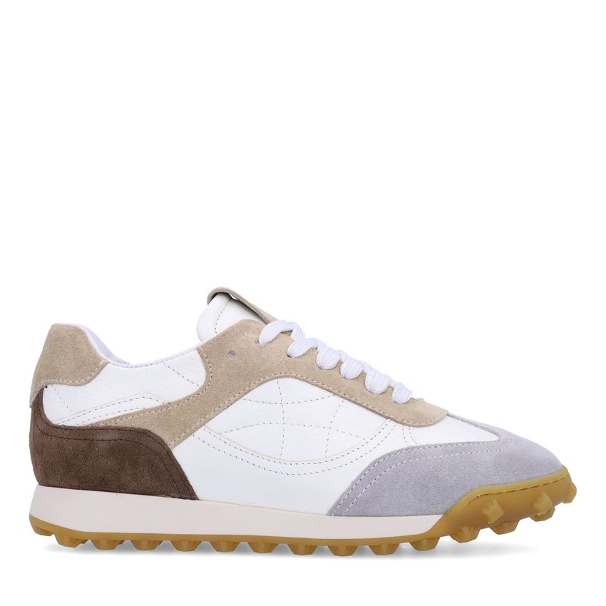 Manfield Witte leren sneakers met taupe suède details