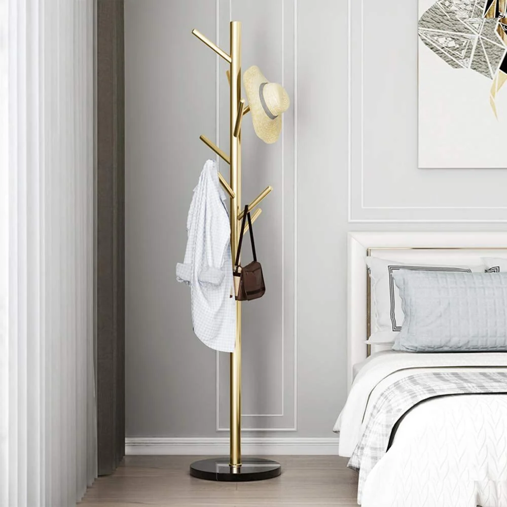 Metal Coat Rack Stand Golden Satin Steel Finish Stable Marble Base, High-Grade with Hooks Metal Tree Hat & Coat Hanger