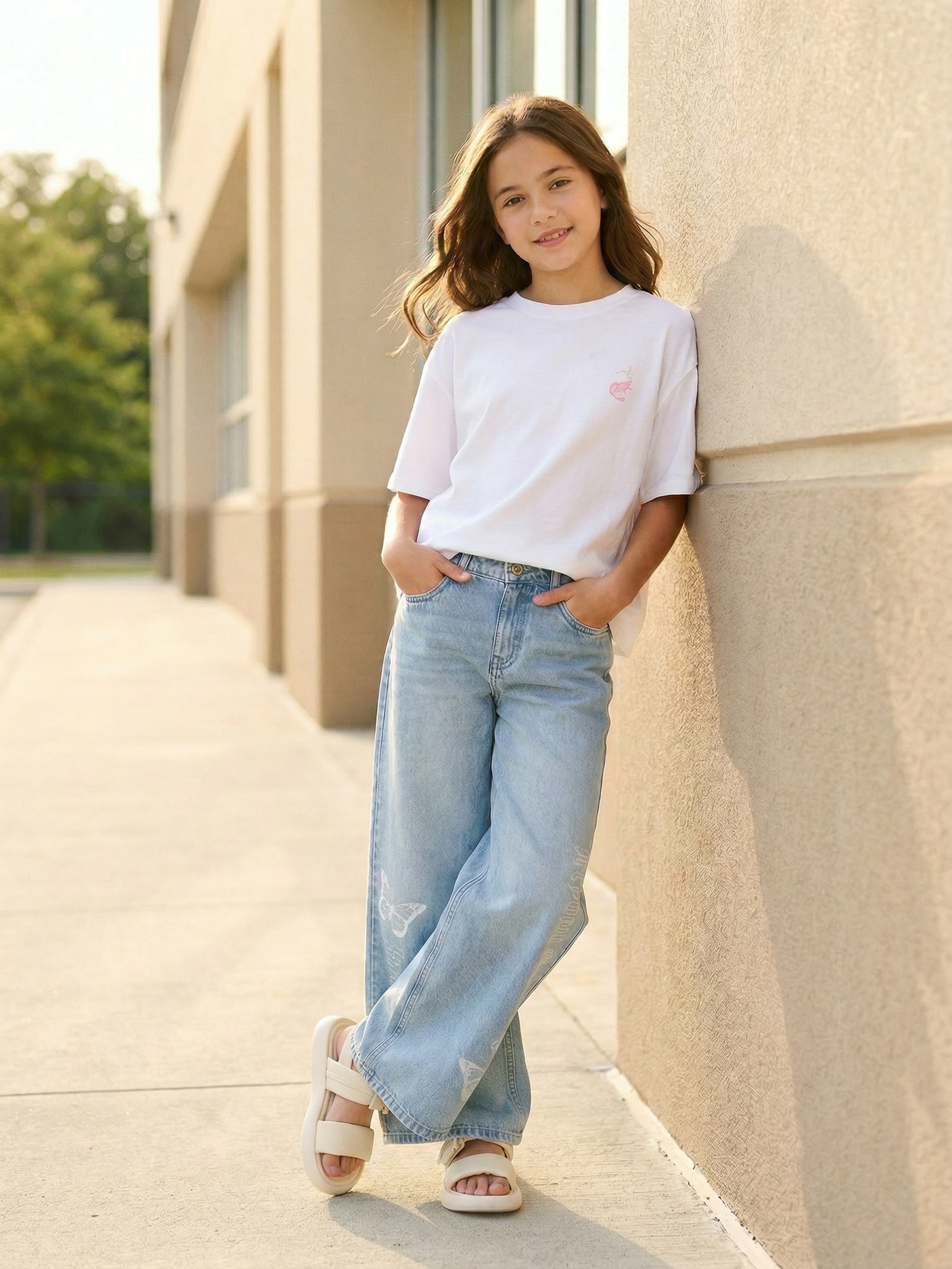 Jeansy wide leg z efektem sprania