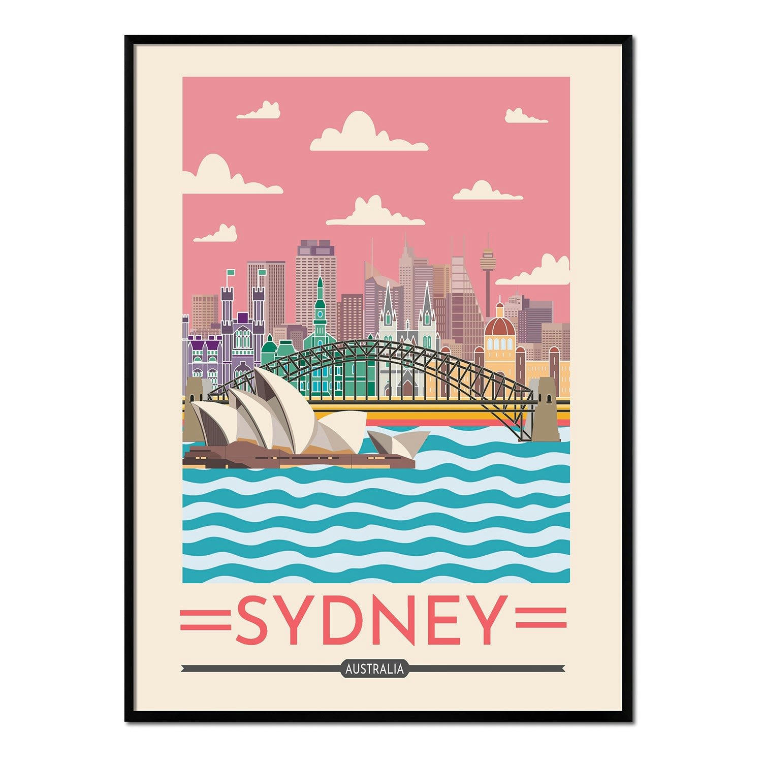 CIUDADES - Affiche avec cadre noir - Sydney - 30x40