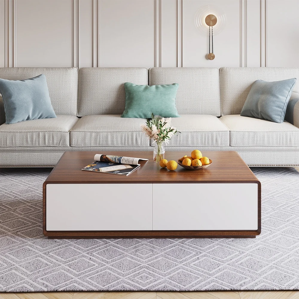 Modern Rectangular Coffee Table, Wood Coffee Table with Storage, 4 Solid Wood Drawers, Fully-Assembled, 51