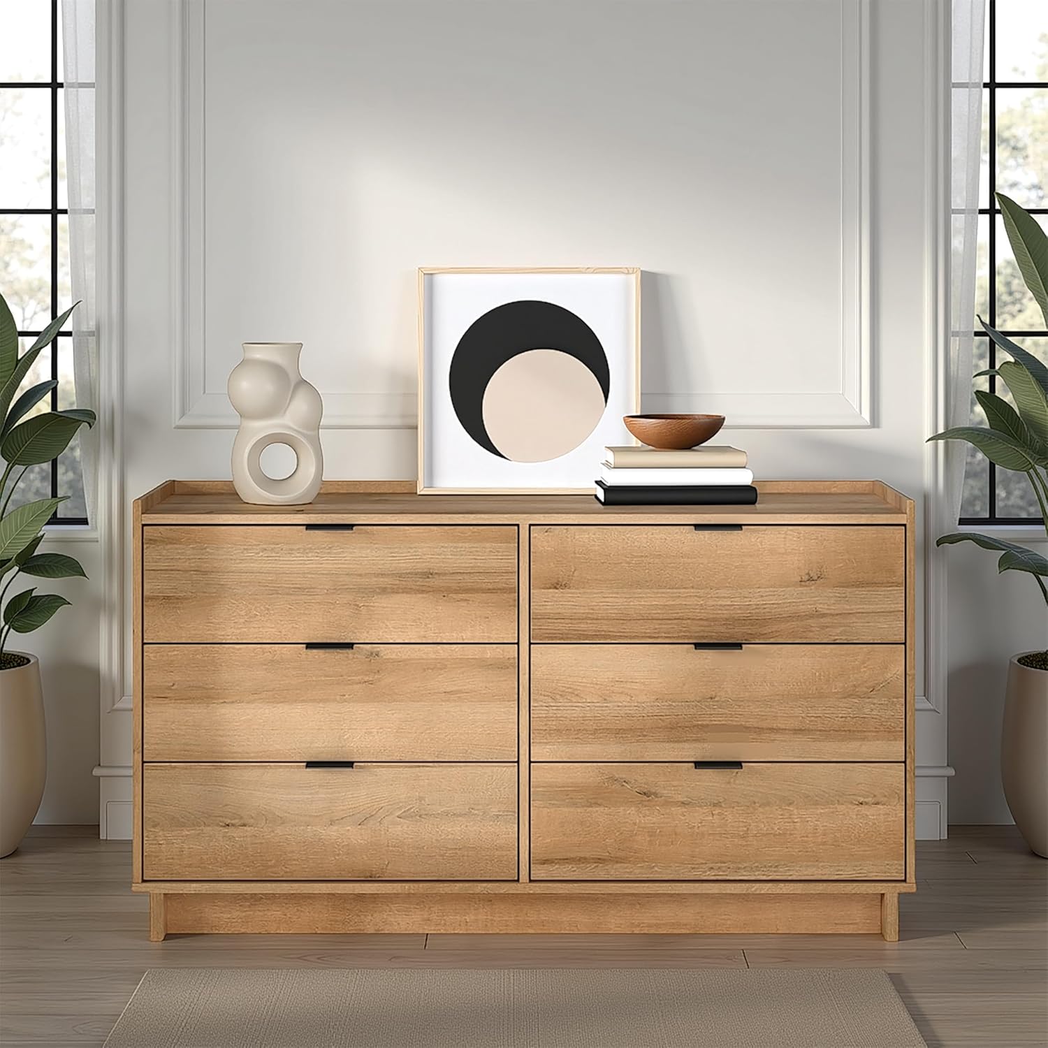 Prepac Simply Modern 6-Drawer Double Dresser for Bedroom, Chest of Drawers, Modern Bedroom Furniture, 52.5” Wide x 16” deep x 29.5” Tall, Oak