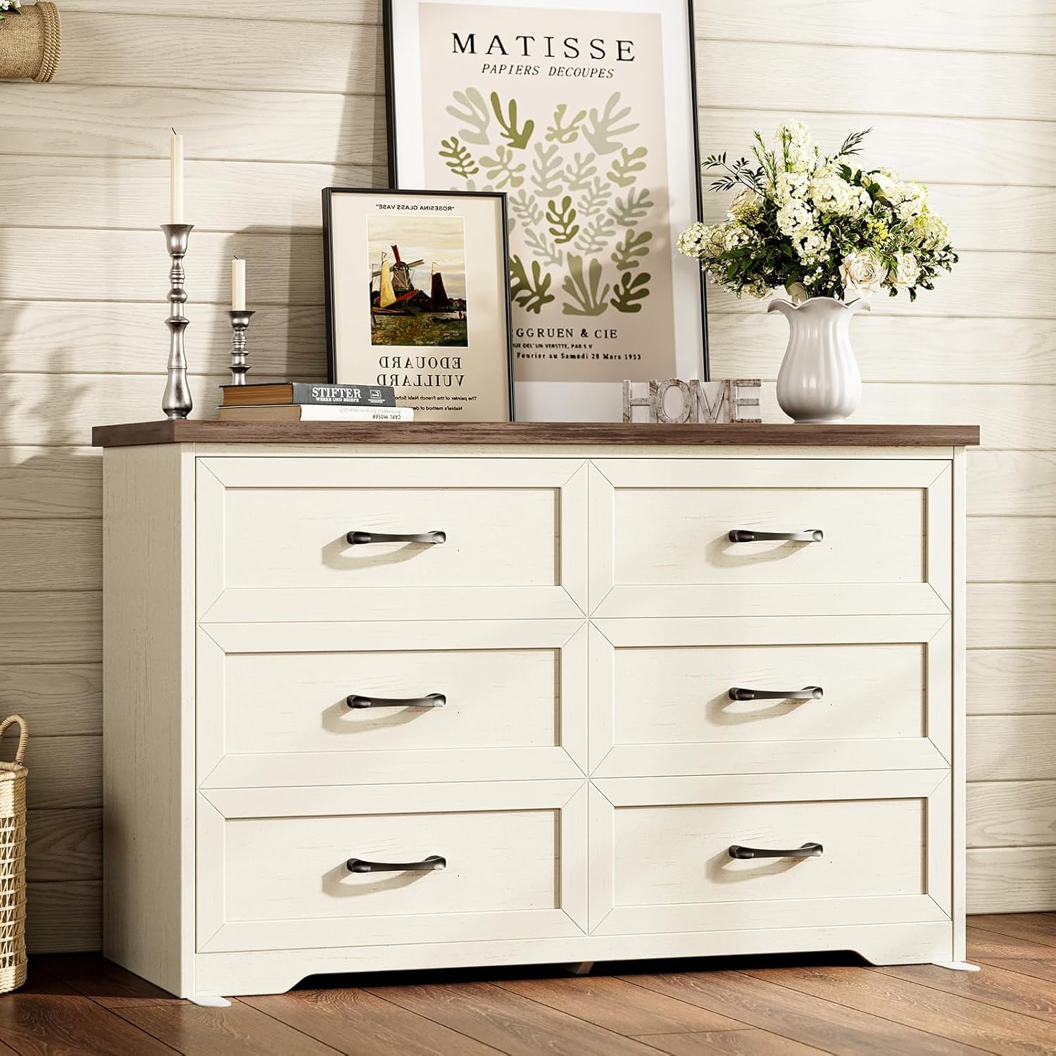 AODK Farmhouse 6 Drawer Dresser for Bedroom, 47” Wide Rustic Storage Dresser with Engineered Wood Frame, Anti-Tip Safety Chest, American Country Bedroom Furniture, Walnut & Vintage White