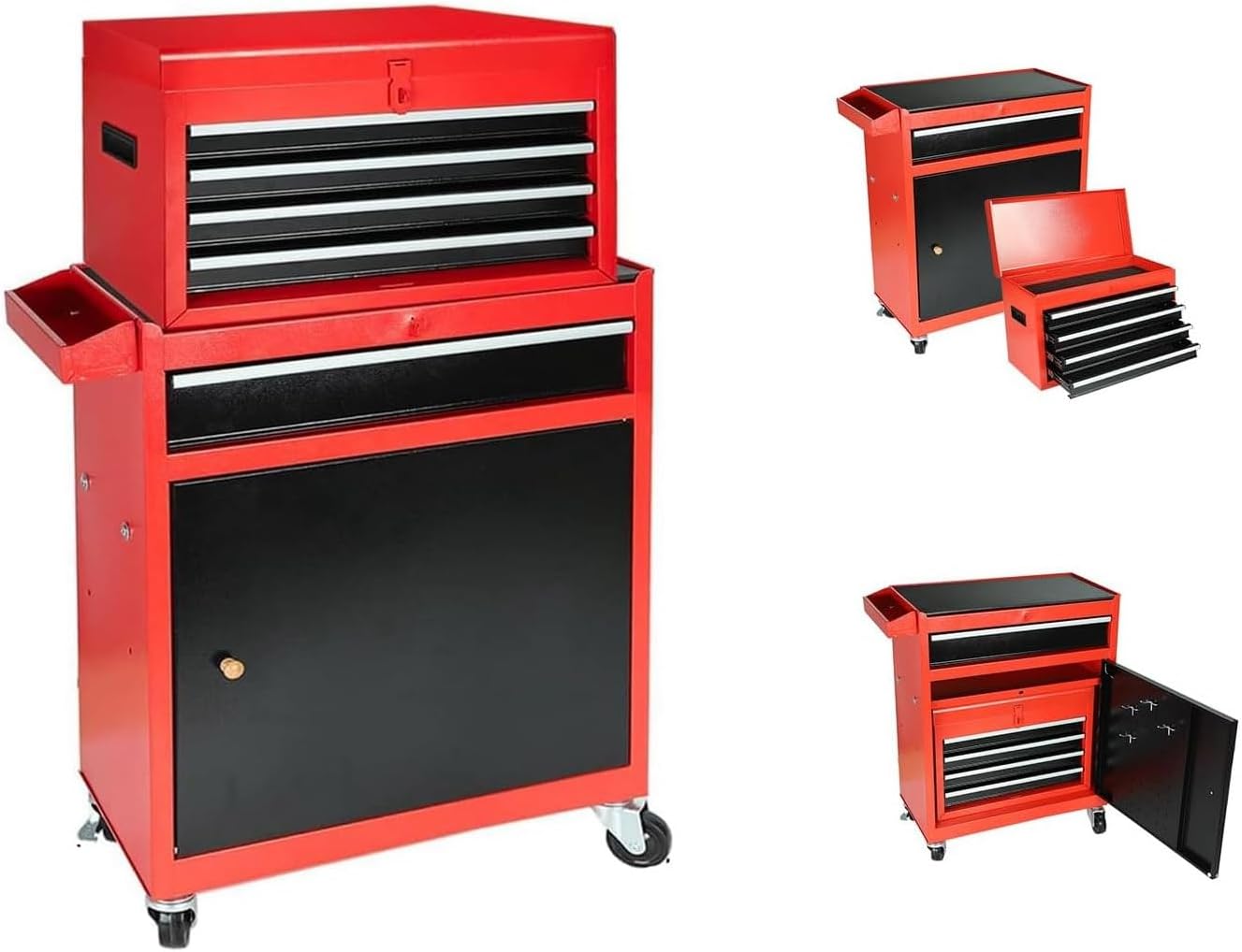 5-Drawer Rolling Tool Chest, 2 in 1 Tool Storage Cabinet with Detachable Top, Steel Tool Box with Wheels, Red and Black, Lockable, for Garage Workshop