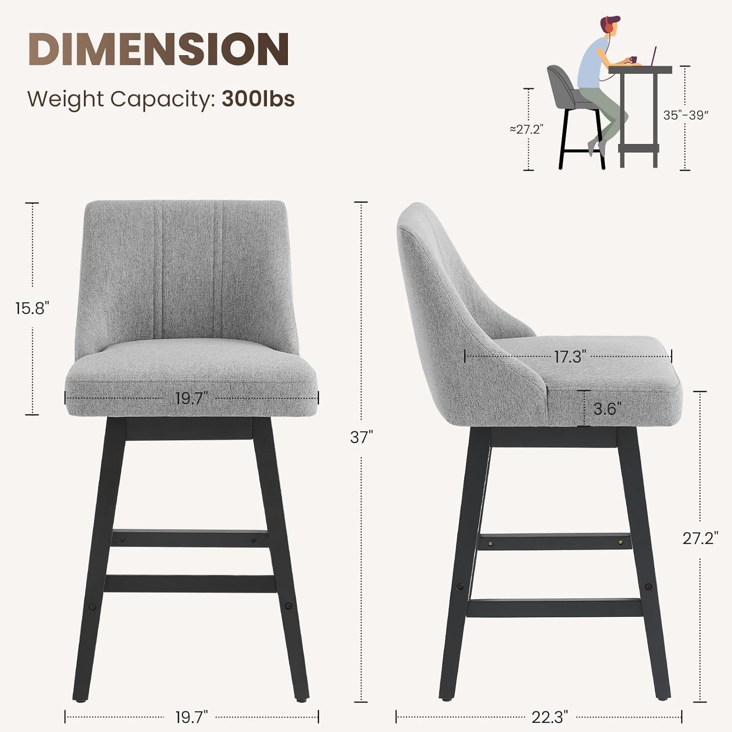 27'' Counter Height Bar Stools Set of 2, Swivel Bar Stools with Backs, Modern Fabric Bar Stools for Kitchen Island, Solid Wood Legs, Adjustable Feet (Fabric - Dark Gray, Set of 2-27 H)